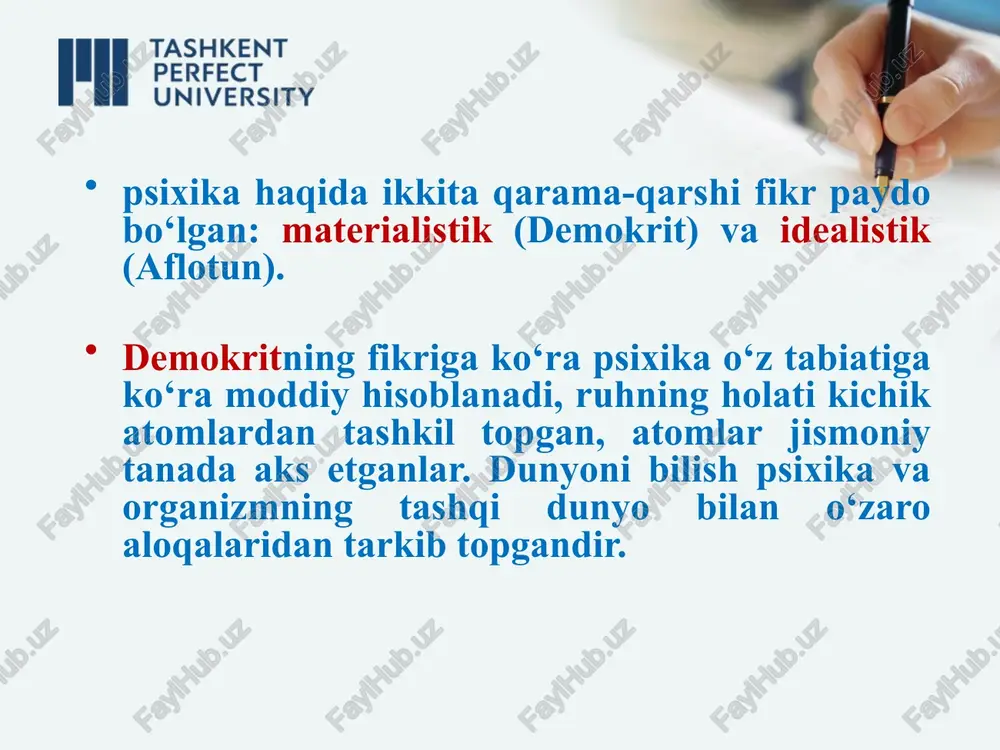 ishi kerakligi haqidagi tasavvurlarni shakllantirganlar, bunda insonning tabiati emas, balki xatti-harakat usuli tahlil qilinishi kerak, degan g‘oyalarni ilgari surganlar. 10 1963 yilda gumanistik assotsiatsiativ psixologiyaning prezidenti dj.byujental psixologiya yo‘nalishining asosiy besh g‘oyasini ilgari surdi. 1. inson yaxlit mavjudot bo‘lib, hammadan ustundir (boshqacha aytganda uning ba’zi bir funksiyalari tahlil qilinmasdan, umumiy holati tahlil qilinishi kerak). 2. insoniy sifatlar insoniy munosabatlar tizimida takomillashadi (boshqacha aytganda shaxslararo tajribalar shaxsiy funksiyalarni shakllantirmaydi). 11 3. inson o‘zini anglaydi (u o‘zining ongini shakllantirmasligi va psixologiyasini tushunmasligi mumkin). 4. insonning tanlov imkoniyati mavjud (inson passiv kuzatuvchi emas, u shaxsiy tajribalariga tayangan holda o‘z tajribasini yaratadi). 5. inson intensialdir (inson kelajakka umid qiladi, uning maqsadlari, qadriyatlari va g‘oyalari mavjuddir). gumanistik psixologiyaning asosida birqator yo‘nalishlar tarkib topadi: psixoterapiya va gumanistik pedagogika. 12 m.vertgeymer, v.kyoller, k.koffkalar geshtalt psixologiya yo‘nalishining asoschilari bo‘lib hisoblanishadi. geshtalt psixologiya ong fenomenlari o‘zini kuzatish metodlaridan voz kechmasdan, ularni yaxlit holda o‘rganishni tavsiya qiladi. geshtaltpsixologiya namoyandalari maqsadga …