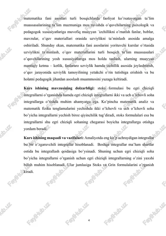 i. ular jumlasiga stoks va grin formulalarini o’rganish kiradi. 1-. sirt integrali oxyz to’g’ri burchakli koordinatalar sistemasida biror v soha berilgan bo’lsin. bu vsohada biror fazoviy chiziq bilan chegaralangan sirt berilgan bo’lsin. biz sirtga nisbatanuning har bir p nuqtasidagi normalning musbat yo’nalishi n(p) birlik vector yo’naltiruvchi kosinuslari sirt nuqtalari koordinatalarining uzluksiz funksiyalari deb faraz qilamiz. sirtning har bir nuqtasida vector aniqlangan bo’lsin, bunda x,y,z koordinatalarning uzluksiz funksiyalaridir. sirtni biror usul bilan elementar yuzlarga bo’lamiz. har bir yuzda ixtiyoriy nuqtani olamiz va yig’indini qaraymiz, bunda vektorning yuzning nuqtadagi qiymati, shu nuqtadagi narmalning birlik vektori, shu vektorlarning sikalyar ko’paytmasi. barcha bunday yuzlarning diametrlari nolga intilgandagi hamma yuzlarga tadbiq etilgan (2.1.1) yig’indining limiti sirt integrali deb ataladi va ushbu simvol bilan belgilanadi. shunday qilib, ta’rifga ko’ra (2.1.1) yig’indining har bir qo’shiluvchisini mexanik jihatdan: asosi va balandligi bo’lgan silindirning hajmiga teng deb tushinish mumkin. 2.1.1-rasm agar f vector sirtdan oqib o’tuvchi suyuqlikning tezligi bo’lsa, …
