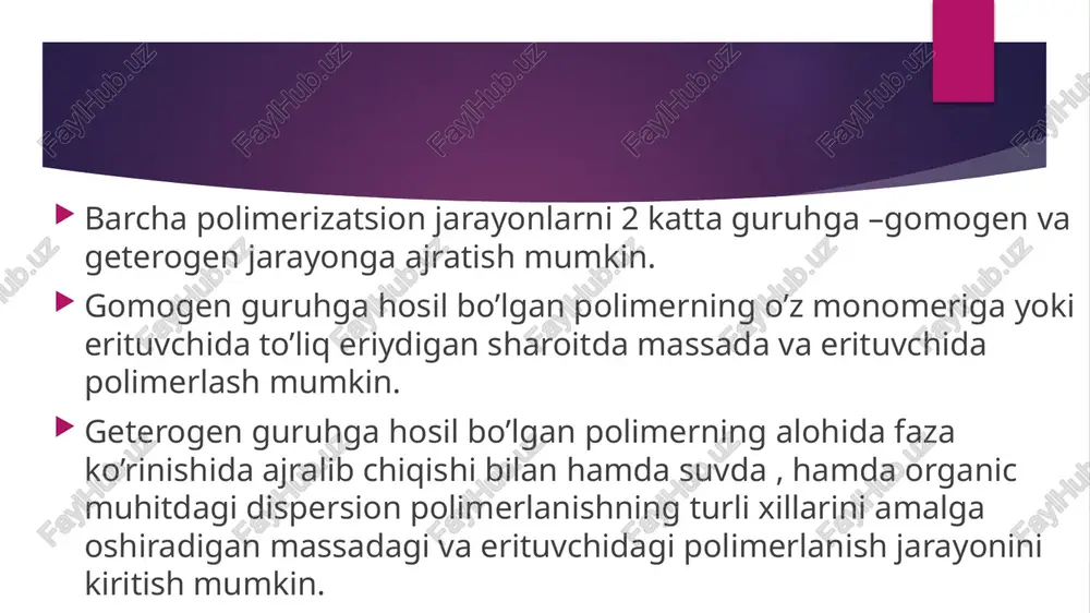 ldiqlaridan butunlay tozalashdek murakkab ishni bajarish talab etiladi. ba’zi holatlarda, yuqorida aytilganidek, ayniqsa, agar tayyor mahsulot polimerning eritmasi holida ishlatiladigan bo‘lsa, bu usul boshqalariga nisbatan ustunlik qiladi. masalan, bu qator elimlar, adgezivlar, izolyasiyalovchi qoplamalar olishda yoki polimer o‘z monomerida erimay reaksiya davomida cho‘kmaga tushganda qo‘l keladi. sanoatda bu usul akrilnitrilni radikal polimerlaganda va izobutilenni kation polimerlaganda ishlatiladi. blok-sopolimerlar ham odatda eritmada polimerlash usuli bilan olinadi. suspenziyada va emulsiyada polimerlash. suspenzion polimerlash bilan faqat suvda erimaydigan monomerlarni polimerlash mumkin. monomerni suvda mayda tomchilar holida dispergatsiyalanadi, bular suvda eriydigan himoyalovchi kolloidlar, sirt faol qo‘shimchalar va aralashtirish bilan koalessensiyadan stabillanadi. monomer hosil qilgan sharchalar o‘lchami monomerning suvga nisbati, stabillovchi agent xili va konsentratsiyasi hamda reaksion aralashmani aralashtirish tezligiga bog‘liq. polimerlash uchun monomerda eriydigan initsiatorlardan foydalaniladi. monomerning har bir sharchasi boshqa sharchalardan izolirlangani va mustaqil bo‘lgani uchun ularning har birini alohida mikroblok reaktorlar deb qarash mumkin. polimerlanish odatda yuqori miqdorda mahsulot hosil bo‘lish bilan …
