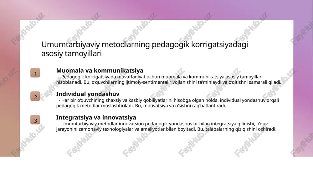 metodlarni qoʻllashdagi muammolar va yechimlar resurslar yetishmasligi pedagogik korrigatsiyada umumtarbiyaviy metodlarni qo‘llashda resurslar va malakali mutaxassislarning yetishmasligi muammo tug‘diradi. bu, o‘qituvchilarning tayyorligi va jihozlarning kamligi bilan bog‘liq. o‘quvchilarning motivatsiyasi ba’zan, o‘quvchilarning motivatsiyasi past bo‘lib, umumtarbiyaviy metodlarning samaradorligini kamaytiradi. bu muammoni hal qilish uchun motivatsiya va individual yondashuvlar muhim. tashkiliy muammolar ta’lim muassasalarida metodlarni to‘g‘ri integratsiya qilishda tashkilot va metodik muammolar yuzaga keladi. yangi strategiyalar va o‘qituvchilarning uzluksiz tayyorligi bilan yechim topiladi. oʻquvchilarda kasbiy qobiliyatlarni rivojlantirish uchun motivatsiya usullari 01 motivatsiya usullari oʻquvchilarda kasbiy qobiliyatlarni rivojlantirish uchun motivatsiya muhimdir. ular o'z maqsadlariga erishish uchun ruhiy tayyorgarlik va intilishlarni kuchaytiradi. 02 shaxsiy maqsadlarni aniqlash oʻquvchilarga shaxsiy va kasbiy maqsadlarini belgilashda yordam berish, ularni ilhomlantiradi va qobiliyatlarini rivojlantirishga undaydi. 03 muvaffaqiyatga erishish ta’siri oʻquvchilarni yutuqlarga erishish bilan rag‘batlantirish, ularning ishonchini oshiradi va kasbiy rivojlanishda davom etishga turtki bo‘ladi. 04 ijobiy muhit yaratish ta’lim muassasalarida qo‘llab-quvvatlovchi va ilhomlantiruvchi muhit yaratish, o‘quvchilarda motivatsiya va qobiliyatlarni …