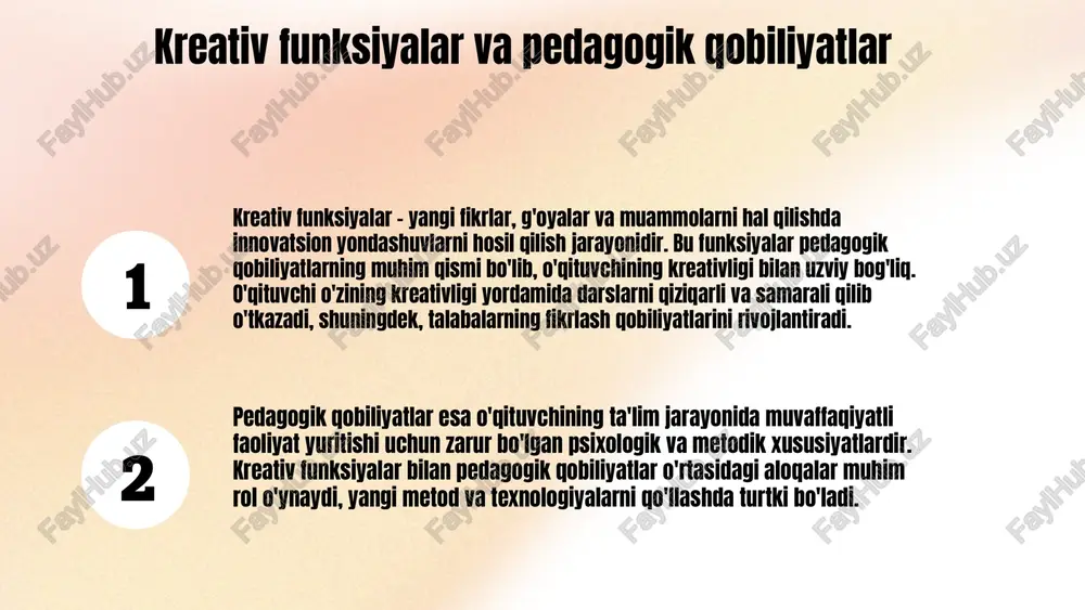 iradi. o'qituvchilar uchun amaliy misollar misollar: loyiha asosida o'qitish, muammoli vazifalar, rolli o'yinlar va kreativ yozish. bu usullar fikrlash jarayonini kengaytiradi va faol ishtirokni ta'minlaydi. kreativ texnikalarni qo'llashning afzalliklari ular motivatsiyani oshiradi, mustaqil fikrlashni rivojlantiradi va ta'lim jarayonini qiziqarli qiladi. muammolarni hal qilishda muhim rol o'ynaydi. kreativlikni oshirish bosqichlari yangi fikrlarni to'plash, tahlil qilish, sinovdan o'tkazish va baholash bosqichlarini o'z ichiga oladi. brainstorming, kreativ texnikalar va yozma fikrlar yozish metodlari yordamida amalga oshiriladi. har bir bosqichda usullar va tavsiyalar metodlar: brainstorming, mind mapping. tavsiyalar: erkin fikr bildirishni rag'batlantirish, qulay muhit yaratish, real hayot misollaridan foydalanish. kreativlikni baholashda turli metodlar va mezonlar qo‘llaniladi. o'qituvchi psixologi kreativ funksiyalarni rivojlantirish muammolari kreativ funksiyalarni rivojlantirishda mavjud muammolarni aniqlash muhimdir. an'anaviy yondashuvlar va innovatsiyalarni qo‘llab-quvvatlash cheklangan, o'qituvchilar motivatsiyasi va pedagogik usullar muhim rol o'ynaydi. resurslar yetishmasligi ham muammo bo‘lib qolmoqda. baholashdagi qiyinchiliklar va innovatsiyalar ta'limda muhim rol o'ynaydi. o'qituvchilarning kreativlikni rivojlantirishdagi roli katta, ular ta'lim …
