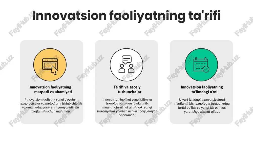 arning qiziqishini va bilim olish samaradorligini oshiradi. photo by diego ph on unsplash o'qituvchining innovatsion faoliyatidagi muvaffaqiyatlar o'qituvchining innovatsion muvaffaqiyatlari pedagogik yondashuvlarni rivojlantirishga yordam beradi. yaratucchanlik, texnologik bilim va moslashuvchanlik muvaffaqiyat uchun muhim. zamonaviy texnologiyalar va hamkasblar bilan tajriba muhim resurslardir. photo by hal gatewood on unsplash photo by microsoft 365 on unsplash innovatsion faoliyat natijalari innovatsion faoliyat natijalari — bu yangi g'oyalar, metodlar va texnologiyalarning ta'lim jarayoniga tatbiqi natijasida erishilgan yutuqlar va o'zgarishlardir. bu, o'qituvchilarning innovatsion usullarda ish olib borishi va talabalar bilim darajasining oshishidir. bu natijalar ta'lim sifatini yaxshilashga olib keladi, o'quvchilarning qiziqishini orttiradi, motivatsiyasini kuchaytiradi va ta'lim muassasalarining raqobatbardoshligini oshiradi. innovatsiyalar orqali ta'lim jarayonining samaradorligi oshadi. o'qituvchilar va talabalar uchun foydalari kengayadi: o'qituvchilar innovatsion metodlarni qo'llash orqali samarali dars o'tadi, talabalar esa o'z faoliyatlarida muvaffaqiyatga erishadi va yangi ko'nikmalar hosil qiladi. bu esa ta'lim jarayonining umumiy rivojiga xizmat qiladi. ta'lim sifatini oshirish innovatsion faoliyat orqali ta'lim sifati …