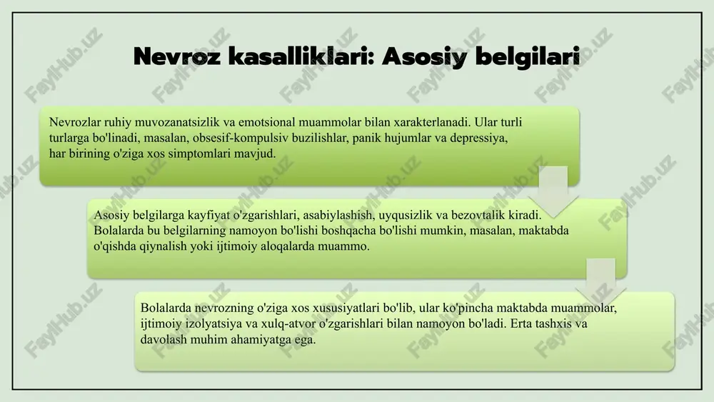 ar psixologik qo'llab-quvvatlash va ijobiy kommunikatsiya ta'minlashi lozim. maktabda psixologlar va maslahat xizmatlari nevroz rivojlanishini oldini olishda muhimdir. stressni kamaytirish uchun treninglar va muvozanatli o'quv jarayonlari zarur. nevroz profilaktikasi uchun strategiyalar oilaviy va maktab muhitida profilaktika usullari va hamkorlik oila ichida stressni boshqarish, emotsional barqarorlikni rivojlantirish va psixologik yordamdan foydalanish nevroz xavfini kamaytiradi. maktabda psixologik dasturlar, stressni boshqarish va emotsional intizomni o'rgatish orqali nevroz oldini olish mumkin. oila va maktab o'rtasida doimiy muloqot va ma'lumot almashinuvi, birgalikda ishlash nevrozning oldini olishda muhimdir. photo by jigar panchal on unsplash 01 02 03 stressni kamaytirish uchun o'yinlar, ijodiy faoliyatlar, sport va meditatsiya kabi usullar muhimdir. o'yinlar bolalarda stressni yengillashtiradi, ijodiy faoliyatlar esa fikrlarni tozalashga yordam beradi. sport jismoniy kuchni oshiradi va ruhiy holatni yaxshilaydi. meditatsiya esa nafas olishni nazorat qilish orqali ruhiy tinchlikni ta'minlaydi. bu usullar bolalarda stressni samarali kamaytiradi va ularning umumiy farovonligini oshiradi. bolalar uchun stressni kamaytirish usullari photo by …