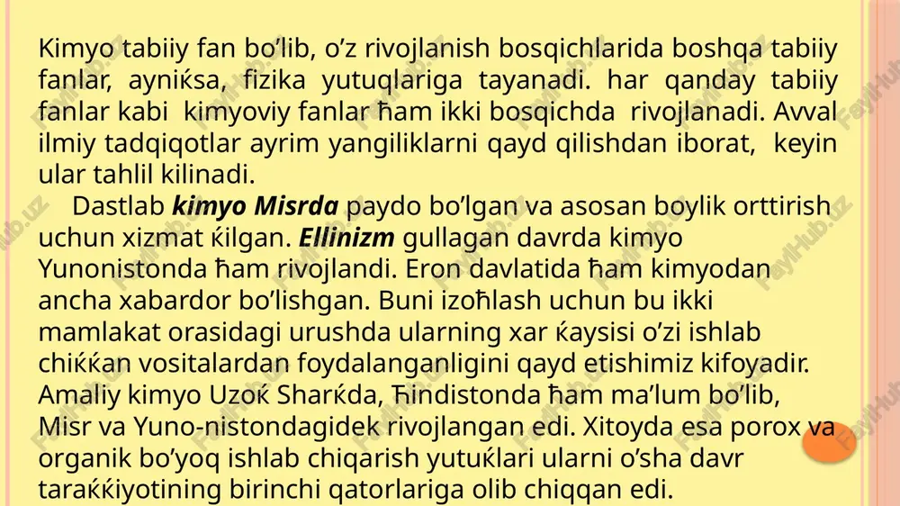 davr insoniyat ongli ћayoti boshlangandan eramizning iv asrigacha bo’lgan vaќtni o’z ichiga oladi va ћunar kimyosi davri deyiladi. 2. alkimyo davri - eramizning iv-xvi asrlari bo’lib, bu 1200 yillar davomida alkimyogarlar kimyoning mu’jizalaridan foydalanib, uchta vazifani o’z oldiga maќsad kilib ko’ydi: - ћamma narsani o’sha davrdagi boylik, kuch-ќuvvat va saltanat timsoli - oltinga aylantirish uchun falsafiy tosh yaratish, universal erituvchi - alkagest yaratish, umrni uzaytiruvchi eliksir yaratish va uni amalda sinash. 3. kimyoning birlashish davri - xvi-xviii asrlar, bu davr to’rtta bosqichdan iborat deb qabul qilingan: yatrokimyo bosqichi, pnevmokimyo bosqichi, flogiston nazariyasi bosqichi, a. lavuazening flogistonga qarshi ishlar bosqichi. 4. xix asrda kimyo - miqdoriy qonunlar davri, atom-molekulyar nazariya, 5. kimyoning zamonaviy davri. ibtidoiy kishilarning kimyoviy bilimlari ibtidoiy jamoa odamlarining deyarli kimyoga eћtiyoji bo’lmagan. dastlabki tuzdan foydalanish tajribasi uzoќ yillar davomida shakllangan. kiyimlarga bo’lgan eћtiyoj ћayvon terilariga ishlov berishning eng sodda variantlarini yaratishga olib keldi. undan so’ng bir necha ming …