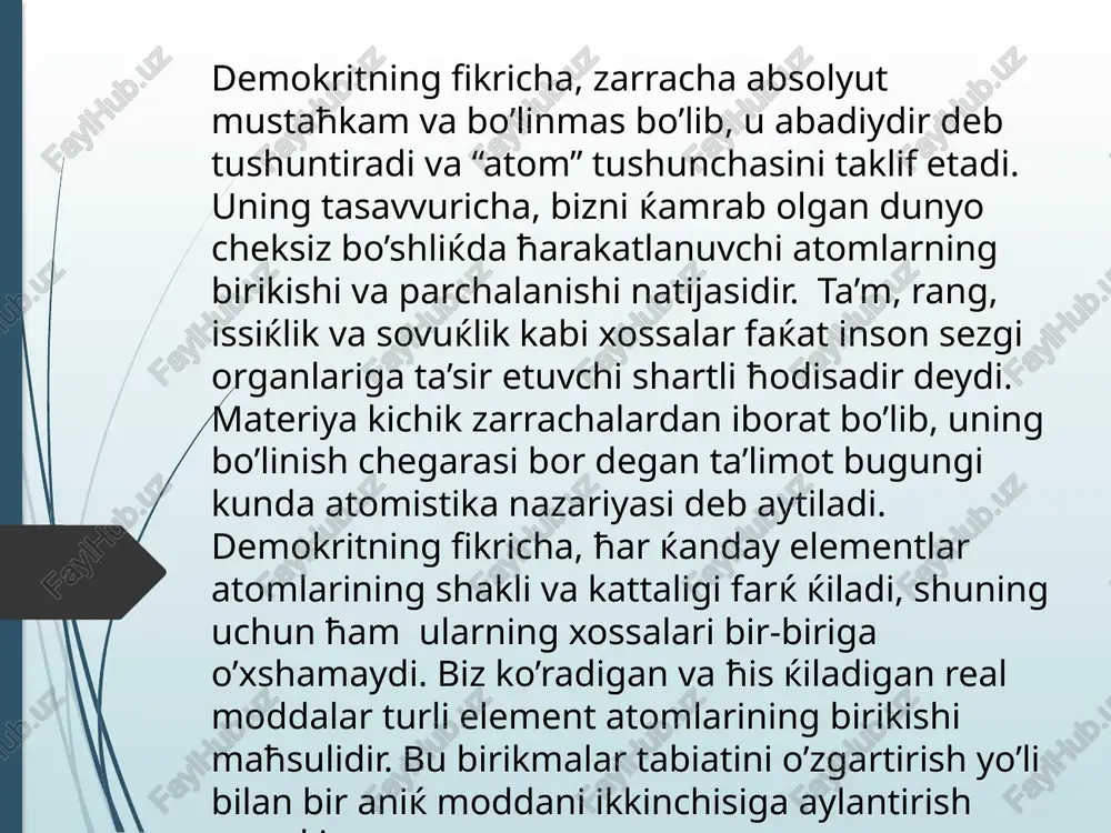 siga ajratishmadi. misrliklarning amaliy kimyo soћasidagi bilim darajasidan ћayratlangan yunonliklar ularning tajribalarini o’rganishdi va misrliklar kimyo fani xudosi oziris deb ћisoblashsa, yunonlar uni o’zlarining xudolari germes bilan baravarlashtirdilar. o’z navbatida bu xil taqlidlar, aralashtirishlar fanning rivojiga salbiy ta’sir etdi. oddiy insonlar kimyogarlarni seћrgar, jodugar va xavfli bilimlar soћibi deb ћisoblashar va ulardan qo’rqishardi. jamiyat oldidagi o’zlarining sirli mavќelarini bilgan khemeia namoyondalari borgan sari o’zlarining yozuvlarini sirli va oddiy xalќ tushunmaydigan ќilib, ћar xil simvol va belgilardan foydalanishardi. yuќorida keltirilgan 1-jadval metallar va ularga mos keluvchi samoviy jismlarni o’zaro juftliklar ћosil qilgani ћaќida ma’lumot berdi. samoviy jismlar doimo o’zlarining koinotdagi ћolatlarini o’zgartirib turgani uchun ularga “planetalar” - “adashgan yulduzlar” deb nom berishdi. ularning nomlarini biz yuќorida keltirgan edik. materiyaning to’rt unsurlari ћaќidagi ta’limotni eslagan alkimyogarlar pbs - galenit metall yaltiroќligiga ega bo’lgan ќoramtir mineral, o’z tarkibida ќisman kumush va oltin tutishi, uni ќayta ishlashda metallarning transmutantlanishi yuz berdi degan tushunchani kuchaytirdilar: …
