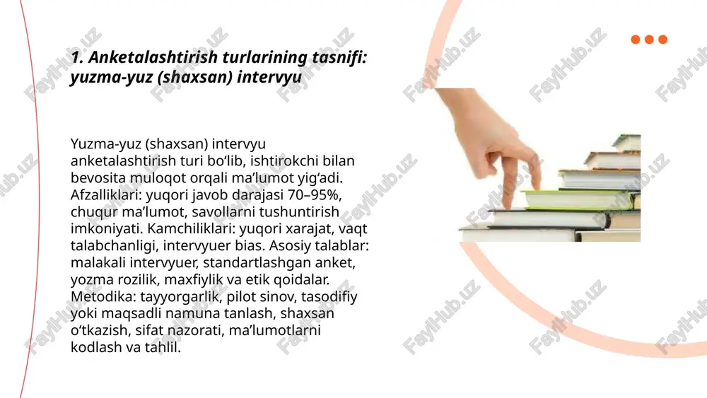 lar qatʼiy savollar va oldindan belgilangan javob variantlariga ega, kvantitativ tahlil uchun mos, takrorlanuvchi va kamroq moslashuvchan. yarimstrukturaviy anketalar asosiy savollar belgilangan, lekin qoʻshimcha ochiq savollarga ruxsat beradi, aralash tahlilga mos va intervyu xodimidan moslashuvchanlik talab qiladi. strukturalanmagan anketalar ochiq, suhbatga yaqin, chuqur sifatli maʼlumot olish uchun, tahlil murakkab va namuna ham kichikroq boʻlishi mumkin. ... t.me/slaydai_bot ochiq va yopiq savollarni qoʻllash turlari. yopiq savollar kvantitativ ma'lumotlar uchun, likert shkala, bir nechta javob, dikhotomik ha yoki yoʻq, tartiblash va cheklist sifatida ishlatiladi. ochiq savollar sifatli ma'lumot, chuqur fikr, sabab va misollarni aniqlash uchun qoʻllanadi. filtr, branching va probing savollar anketani moslashtirish va qoʻshimcha maʼlumot olish uchun ishlatiladi. aralash yondashuv, pilot sinov, aniq til va neytral shakl saqlash, samaradorlik shartlari. ... t.me/slaydai_bot likert shkala: bayonotlarga rozilik darajasini o‘lchaydi, odatda 5 yoki 7 punktli ordinal shkala, arifmetik o‘rtacha va cronbach alfa bilan tahlil qilinadi; semantik differensial: juft antonimlardan tashkil topgan bipolar 5 …