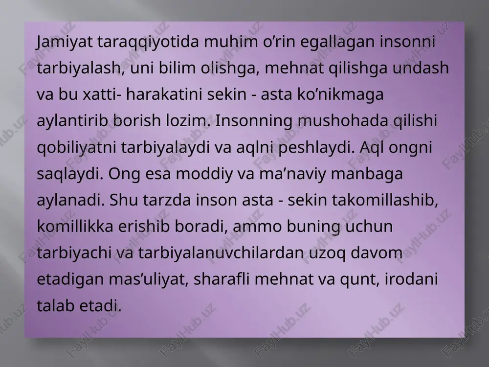 igi diagnostikaning ma’lum maqsadga qaratilgan bo'lishini talab qiladi. tadqiqotchi kuzatuv davomida tekshirish uchun bir qator farazlarni ilgari surishi kerak. diagnostikaning ma'lum ob'ektga yo'naltirilganligi ta'lim berishda o'quvchi yoshlarning, tarbiyachi-o' qituvchilarning individual tafovutlarini hisobga olish, ularning intellektual rivojlanishlari, jinsi, ijtimoiy nufiziga qarab belgilanadi. diagnostikaning aniqlik va ishonarlilik muolajalari metod va vositalarning ilmiy asoslariga bog'liqligi bilan belgilanadi. natijaning aniqligini, barchaga xosligini tekshirish uchun shu muammo, ob’yekt, hodisa va h.k.ni boshqa muammo bilan taqqoslanishi yoki boshqa ob’yekt, predmet, sinf, guruh, jamoa yoki o’quv maskanida ham o’tkazilib qo’rilishi kerak. diagnostikaning konstantlik tamoyili muayyan ob'ekt, voqea-hodisa va boshqalarni tashxis qilish davomida yuzaki, dastlabki hisssiyotlar bilan cheklanmaslikni, tasodifiy, qisqa muddatli ayrim hodisalarning ahamiyatini oshirib yubormaslikni talab qiladi. tashxis qilayotgan o'qituvchi turli vaziyatlarda o'sha hodisani tekshirib ko'rishi yoki bir nechta kuzatuvchi o’zi nazoratga olishi lozim. bu kuzatuvchilaming xulosalari yoki natijalari qanchalik bir-biriga to’g’ri kelishi kuzatuvning konstant yoki bunday emasligini ko’rsatadi. diagnostikaning nazorat tamoyili kuzatuvchining bir necha bor kuzatuvi …