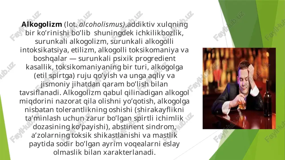 i turli mamlakatlar o’rtasida juda farq qilishini ko’rsatmoqda. shunday qilib, rivojlangan mamlakatlarda alkogolizm epidemiologiyasining dastlabki tadqiqotlari ushbu kasallik eng ko’p frantsiyada tarqalganini, keyingi o’rinlarda amerika qo’shma shtatlari, shveytsariya va shvetsiya turganligini ko’rsatdi. biroq, vaqt o’tishi bilan bu ko’rsatkichlari o’zgardi. shunday qilib, aqshda spirtli ichimliklar iste’moli kamaydi, sobiq sssr va yaponiya mamlakatlarida esa ko’paydi. xxi asrning boshlarida dunyoda yiliga 200 milliard litrdan ortiq spirtli ichimliklar ishlab chiqarilgan. barcha rivojlangan mamlakatlarda 15 yoshdan katta bo’lgan shaxslarning ko’pchiligi spirtli ichimliklar iste’mol qiladi, bunda erkaklarning oltidan bir qismi va ayollarning o’n uchdan bir qismi har kuni. rivojlangan mamlakatlarda aholi jon boshiga alkogol iste’mol qilish yiliga 7-14 litrni tashkil etadi; rivojlanayotgan mamlakatlarda bu ko’rsatkich pastdir, lekin unining ko’payishi tendentsiyasi mavjud. alkogolli ichimliklarning ta’sir qiluvchi komponenti — etanol — oshqozon-ichak trakti orqali tezda so’riladi, inson miyasiga kirib, asab hujayralari bilan aloqa qiladi. qonda etanolning konsentratsiyasi spirtli ichimliklar ichilgach 45-90 daqiqa o’tib maksimal darajaga yetadi. etanol organizmdan …
