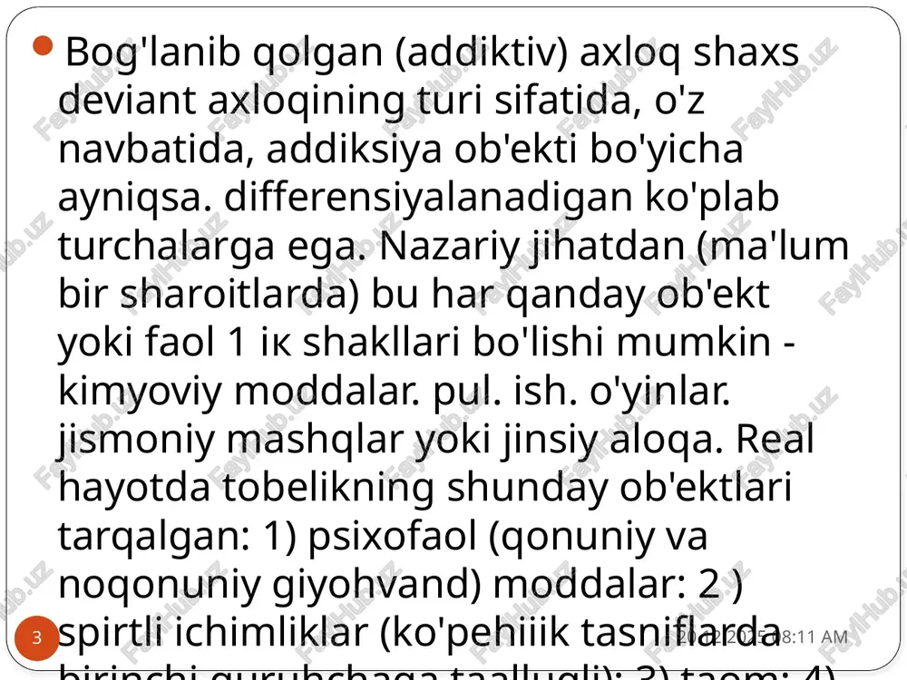 zlanish va fbjia (dozani oshirish: suisid; oits: hay (it bilan birga bo'lolmaydigan kasallik). bosqichning davomliligi va oqib o'lish xarakteri ob'ektning xususiyatiga (masalan. giyohvand moddalar ko'rinishida) va addiktning individual xislati (masalan. yosh. ijtimoiy aloqalar. intellekt. sublimasiyaga qobiliyat) ga bog'liq. muhtoj axloqning yana bir xarakterli xususiyati uning siklliligi hisoblanadi. bitta sikl fazasini sanaymiz: - addiktiv axloqqa ichki tayyorlikning mavjudligi: - isiak va zo’riqishning kuchay ishi: - addiksiya ob'ektini kutisli va faol i/lash: - ob'ektni olish va o'ziga xos kechinmalarga erishish: - bo'shashish: - remissiva fazasi (nisbiy sokinlik). kevin sikl individual chastota va ifodalanganligi bilan takrorlanadi. masalan, addiktning biltasi uchun sikl bir oy, boshqasi uchun - bir kun sr 28.02.24 15:39 6 s.p.korolenko va t.a.donskiy [9] addiksiyaning shakllanishi bilan birga boruvchi ukazivayut tipik ijtimoiy-psixologik o'zgarishlarni ko’rsatadi. addiktiv ko’rsatmaning shakllanishiga- hayotga addiktiv munosabatni uyg’otuvchi kognitiv. hissiy va axloqiv xususiyatlarning yig'indisi birinchi darajali ahamiyatga ega. addiktiv ko'rsatma addiksiya ob'ektiga yuqori haholi hissiy munosahatning (masalan, sigareta. …