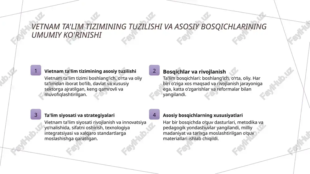 oslashtirish ishlari olib borildi. innovatsion yondashuvlar va texnologiyalarning ta'limda qo'llanilishi 01 raqamli texnologiyalar integratsiyasi vetnamda ta'limda raqamli texnologiyalar keng qo'llanilmoqda, masalan, onlayn darslar va ta'lim platformalari orqali o'quv jarayonini samarali qilish. 02 innovatsion o'qitish metodlari interaktiv metodlar, gamifikatsiya va virtual laboratoriyalar yordamida o'quvchilarning faol ishtiroki va fikrlash qobiliyatlari rivojlanmoqda. 03 sun'iy intellekt va big data sun'iy intellekt va katta ma'lumotlar yordamida shaxsiylashtirilgan ta'lim dasturlari ishlab chiqilmoqda, bu esa o'quvchilarning ehtiyojlariga mos keladi. yangi siyosat va reformalarning xalqaro hamkorlikka va madaniy aloqalarga ta'siri 01 xalqaro hamkorlikning kengayishi yangi siyosatlar va ta'lim reformalari, xalqaro universitetlar va tashkilotlar bilan aloqalarni mustahkamladi, ilmiy va madaniy almashuvlarni rivojlantirdi. 02 madaniy aloqalarning kuchayishi ta'lim siyosati madaniy farqlarni tushunishga va hurmat qilishga turtki bo'lib, vetnam va boshqa mamlakatlar o'rtasida madaniy tadbirlar va loyihalarni kengaytirdi. 03 texnologik integratsiya onlayn ta'lim va raqamli texnologiyalar yordamida xalqaro hamkorlik rivojlandi, bu esa pedagogik innovatsiyalar va birgalikdagi ilmiy tadqiqotlarni qo'llab-quvvatlamoqda. 04 ta'lim …