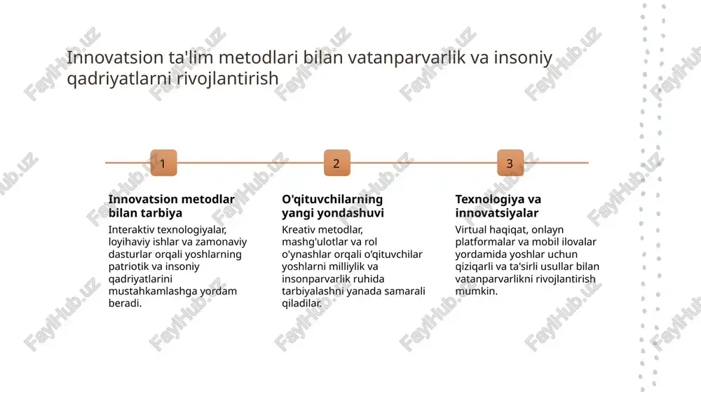 h - etika va mas'uliyat yondashuvlari bilan yoshlar shaxsiy o‘sishga erishib, jamiyatga foydali, mas'uliyatli fuqarolar sifatida shakllanadi. 3 axloqiy qadriyatlar va amaliyot - axloqiy qadriyatlar, mas'uliyat va ijtimoiy his-tuyg‘ularni rivojlantirish orqali yoshlar o‘zlarining va jamiyatning farovonligini ta’minlaydi. maktab va jamiyatda vatanparvarlik va insoniy qadriyatlarni rivojlantirish usullari 1 maktabda vatanparvarlik tarbiyasi - maktabda vatanparvarlikni rivojlantirish uchun milliy tarix, madaniyat va urf-odatlarni o'rgatish, shuningdek, milliy g'ururni oshirish muhimdir. 2 jamiyat bilan hamkorlik - jamiyat va maktab o'rtasidagi hamkorlik yoshlarni ijtimoiy mas'uliyat va insoniy qadriyatlar bilan tanishtirish, ochiq muloqot va faol ishtirokni ta'minlaydi. 3 madaniyat va an'analar orqali o'sish - milliy madaniyat va an'analarni o'rgatish orqali yoshlarning milliy ruhini mustahkamlash, ular orasida milliy qadriyatlarni qadrlash rivojlantiriladi. 4 etika va insoniylikni shakllantirish - maktabda etika va insoniylik asosida tarbiya olib borish, yoshlarning mehr-oqibat, halollik va mas'uliyat kabi insoniy sifatlarni rivojlantirishga yordam beradi. vatanparvarlik va insoniylikni shakllantirishda etika va madaniyatning o'rni etika va madaniyatning shakllantirish …