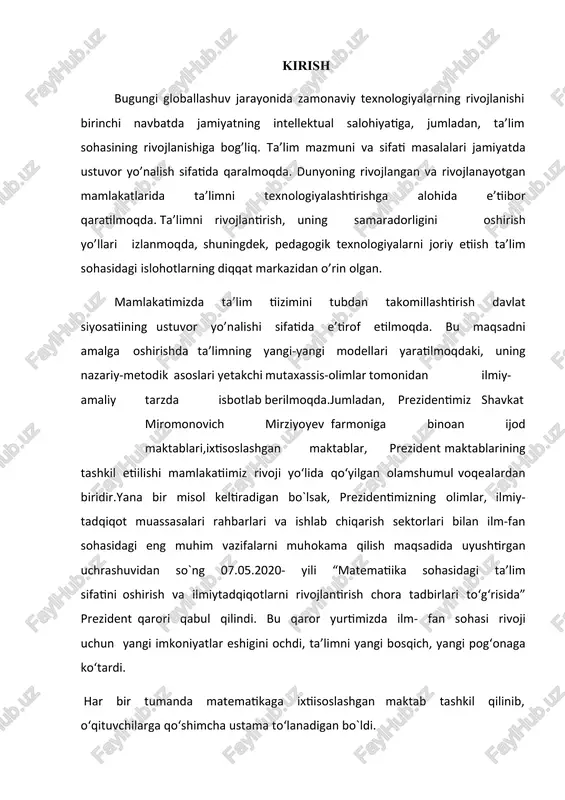 adi, istalgan sohada muvaffaqiyatli ishlab ketadi”. darhaqiqat matematikani yaxshi biladigan, unga qiziqadigan oʻquvchi tengdoshlariga nisbatan mushohadasining kengligi, tez va kreativ fikrlashi, kuchli xotiraga egaligi bilan ajralib turishiga guvoh boʻlganman. bunday oʻquvchi, tabiiyki, 4 tilshunoslik nazariyasida ham chuqur va atroflicha bilimga ega boʻladi. badiiy asarlarni mushohada etib, maʼlumotlarni oson umumlashtiradi, qiyoslaydi. mavzu dolzarbligi: biz maktab darsliklarida uchratadigan va yechadigan integrallar elementar integrallar bo`lib, uni qanday yechish nimalarda qo`llash bo`yicha ozmi-ko`pmi ma`lumotlarga egamiz. lekin shunday integrallar ham borki, bu integrallarni elementar funksiyalar orqali ifodalay olmaymiz. bunday aniqmas integrallarni biz noelementar integrallar deb ataymiz. ushbu integrallar nafaqat real holda mavjud bo`libgina qolmasdan, ular fizika va amtematikaning turli masalalarini yechishda muhim rol tutadilar. shu sababli, bu noelementar funksiyalar, elementar funksiyalar qay darajada o`rganilgan bo`lsa, shu darajada o`rganilgan.ular uchun jadvallar va grafiklar tuzilgan.kasr natsional funksiyalarni integrallash masalasi ham shular jumlasidan bo`lib, bu masalani yechish uchun , avvalo, kompleks sonlar, algebraik ko`phadlar va ratsional kasrlar(kasr- ratsional …