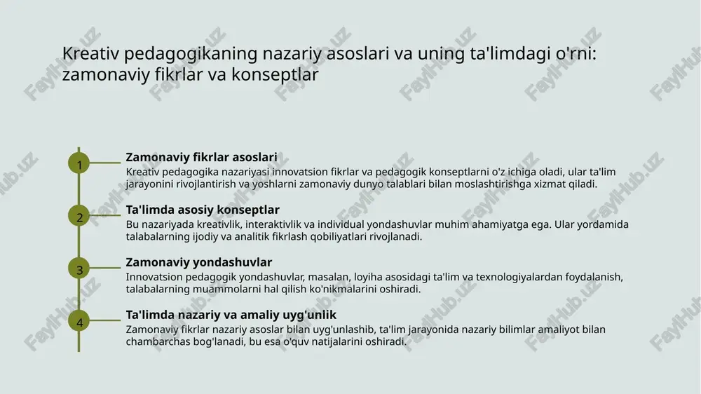rqali talabalarning ijodiy fikrlashini rivojlantirishga imkon yaratadi, ularni mustaqil fikr yuritishga o'rgatadi. individual yondashuvlar talaba ehtiyojlari va qiziqishlariga moslashtirilgan individual metodlar orqali o'qitish jarayonini muvofiqlashtirish, shaxsiy rivojlanishga va kreativlikni oshirishga yordam beradi. kreativ pedagogika mazmuni va mohiyatini rivojlantirishda amaliy usullar va yondashuvlar 1 amaliy usullar ta'limida kreativlik kreativ pedagogikada amaliy usullar o‘quvchilarning fikrlash va ijodkorligini rivojlantirishga qaratilgan bo‘lib, muammo yechimlariga innovatsion yondashuvlarni qo‘llashni ta'minlaydi. 2 interaktiv metodlar va texnologiyalar interaktiv metodlar, jumladan, guruh ishlari va texnologik vositalar yordamida o‘quv jarayonini qiziqarli va samarali qilish, fikrlashni kengaytiradi. 3 problema asosidagi yondashuvlar problema asosidagi yondashuvlar o‘quvchilarga real hayotdagi vazifalarni hal qilishni o‘rgatadi, kreativ fikrlash va mustaqil fikr yuritishni rivojlantiradi. 4 amaliy loyihalar va ijodiy mashqlar loyihalar va ijodiy mashqlar orqali o‘quvchilar kreativ fikrlashni amalda qo‘llashga o‘rgatiladi, bu esa muhim kompetensiyalarni shakllantiradi. kreativ pedagogikaning mazmuni va mohiyatining ta'limdagi ahamiyati. 1 mazmuni va mohiyati kreativ pedagogika ta'lim jarayonida ijodiy fikrlash va innovatsiyalarni rivojlantirishga qaratilgan …