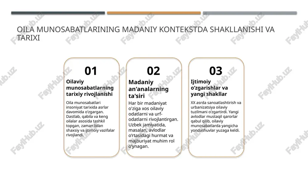 tlarda mehr, ishonch va psixologik bog‘liqlikni kuchaytiradi, bu esa umumiy muhitni ijobiy va barqaror qiladi. jismoniy tortishuvning o‘zgarishi jismoniy attraksiyaning vaqt bilan o‘zgarishi, madaniyat va shaxsiy tajribalar bilan bog‘liq bo‘lib, oilaviy bog‘liqlikda erkinlik va ehtiyojlarni ifodalaydi. o‘zgaruvchan dinamikalar ruhiy va jismoniy tortishuvlarning o‘zaro ta’siri va rivojlanishi, jamiyatdagi madaniy qadriyatlar, avlodlar o‘rtasidagi farqlar va sharoitlarga moslashishni talab qiladi. madaniy qadriyatlar va oilaviy bog‘liqlik: uzbek oilasida o‘ziga xosliklar 1 an'analar va qadriyatlar uzbek oilasida an'analar va qadriyatlar muhim rol o'ynaydi. bu, avlodlar o'rtasida hurmat, mehr va mas'uliyatni shakllantiradi, oilaviy bog'liqlikni mustahkamlashga yordam beradi. 2 yolg‘izlik va birlik madaniy qadriyatlar oilaviy birlikni qadrlashga undaydi. bu, muhim qarorlar qabul qilishda, muammolarni hal etishda va ijtimoiy muhitda bir-biriga bog‘liqlikni ta’minlaydi. 3 mehnat va sharaf uzbek oilasida mehnatga bo‘lgan hurmat va sharaf qadriyatlar asosida rivojlanadi. bu, avlodlar o‘rtasida mas’uliyat va o‘zaro yordamni kuchaytiradi, oilaviy bog‘liqlikni mustahkamlaydi. jismoniy va ruhiy tortishuvlarning ijtimoiy va psixologik ta'siri hamda ularni …