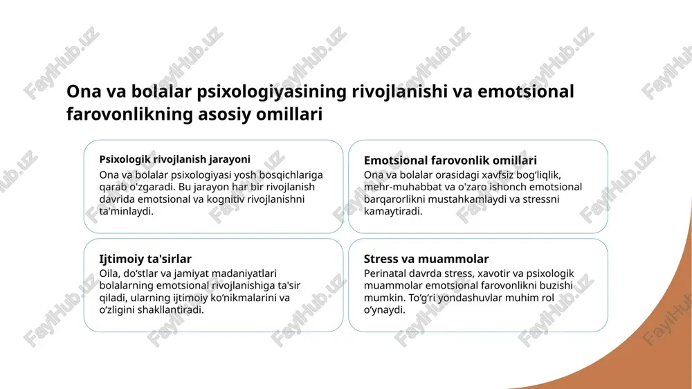 larning xavfsizligi va ilmiy asoslari bo'lmasligi psixologik muammolarga olib kelishi mumkin. 4 zamonaviy yondashuvlar va muqobil zamonaviy tibbiyot va psixologiya an'anaviy amaliyotlarni xavfsiz va ilmiy asoslangan muqobil usullar bilan almashtirmoqda, bu esa onalar va chaqaloqlar uchun yaxshiroq natijalar ta'minlaydi. madaniy amaliyotlarning emotsional farovonlikka ta'siri va zamonaviy yondashuvlar madaniy amaliyotlarning ta'siri zamonaviy yondashuvlar madaniy amaliyotlar va farovonlik o'zbekiston madaniyatida an'anaviy amaliyotlar, masalan, diniy marosimlar va oilaviy an'analar, emotsional farovonlikni mustahkamlashda muhim rol o'ynaydi. zamonaviy psixologiya texnologiyalari va terapiya usullari, madaniyatga moslashgan holda, onalar va bolalarning emotsional sog‘lig‘ini yaxshilashga xizmat qiladi. madaniyat va an'analarning psixologik ta'siri ijobiy yoki salbiy bo‘lishi mumkin; to‘g‘ri integratsiya qilish orqali emotsional barqarorlik ta'minlanadi. rivojlanish davrida psixologik muammolar va ularning sabablarini tahlil qilish. 01 psixologik o'zgarishlar rivojlanish jarayonida yosh bolalarda psixologik muammolar, masalan, rivojlanish kechikishlari yoki xotira va diqqat muammolari yuzaga kelishi mumkin. bu muammolar biologik va atrof-muhit omillar bilan bog‘liq bo‘lishi mumkin. 02 stress va tashvishlar bolalar …