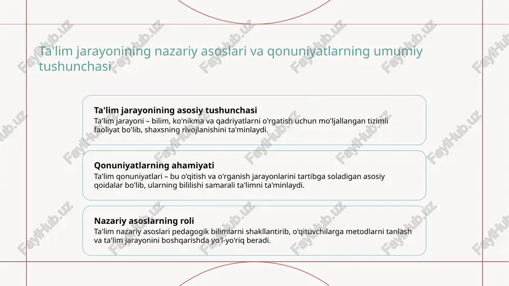 ivojlantiradi. aktiv ishtirok amaliy va interaktiv metodlar yordamida o'quvchilar faol qatnashadi, bu esa tushunishni mustahkamlash va ma'lumotni chuqur o'zlashtirishga yordam beradi. muvofiqlik va moslashuv pedagogik tamoyillar ta'lim jarayonini shaxsga moslashtirishga imkon beradi, yangi metodlar va texnologiyalar bilan integratsiya qilish orqali natijalarni yaxshilaydi. pedagogik tamoyillar va o'quv metodlarining amaliy qo'llanilishi 1 pedagogik tamoyillarining ahamiyati pedagogik tamoyillar o'quv jarayonining samaradorligini ta'minlash uchun asos bo'lib, ularni amaliy qo'llash orqali o'quvchilarning qiziqishi va bilim olish darajasi oshadi. 2 o'quv metodlarining mosligi har bir o'quv metodining pedagogik tamoyillar bilan muvofiqligi muhim, chunki bu usullar o'quvchilarning individual ehtiyojlariga mos kelib, ta'lim sifatini yaxshilaydi. 3 amaliy qo'llashning muhimligi tamoyillar va metodlarni amalda qo'llash, nazariy bilimlarni real ta'lim muhitida sinab ko'rish imkonini beradi, bu esa pedagogik jarayonni rivojlantirishga yordam beradi. pedagogik tamoyillar va metodlarning rivojlanishi tarixiy va zamonaviy kontekstda 1 pedagogik tamoyillar tarixi tarix davomida pedagogik tamoyillar rivojlanib, ta'lim nazariyalariga asos solgan, zamonaviy pedagogika esa ilmiy-eksperimental yondashuvlarga tayanadi. …