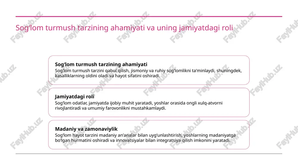 ditasiya va nafas olish mashqlari stress va anxieteni kamaytiradi, shuningdek, ruhiy barqarorlikni mustahkamlaydi. bu usullar kundalik hayotda qo‘llaniladi. pozitiv fikrlash usullari ijobiy fikrlash, muammolarga konstruktiv yondashuv va minnatdorchilik amaliyotlari ruhiy salomatlikni oshiradi, motivatsiya va o‘z-o‘zini anglashni rivojlantiradi. sosial tarmoq va qo‘llab-quvvatlash do‘stlar, oila va guruh bilan muloqot, muhim muammolarni muhokama qilish ruhiy muvozanatni saqlashga yordam beradi, stressni kamaytiradi va ijobiy energiya beradi. sport va jismoniy tarbiya orqali sogʻlom hayotga intilish jismoniy faollikning ahamiyati sportning motivatsion rolisi zamonaviy sport turlari va texnologiyalar jismoniy faollik yurak, nafas olish va muskullar salomatligini yaxshilaydi. sport bilan muntazam shug‘ullanish stressni kamaytiradi va umumiy hayot sifatini oshiradi. sport va jismoniy tarbiya o‘quvchilarda maqsadga intilish, disiplin va jamoaviy ruhni rivojlantiradi. bu, shuningdek, sog‘lom turmush tarzini shakllantiradi. zamonaviy texnologiyalar yordamida sport mashg‘ulotlari yanada samarali va qiziqarli bo‘lib, yoshlar uchun motivatsiya va yangi imkoniyatlar yaratadi. stress va emotsional muvozanatni saqlashning zamonaviy yondashuvlari 1 stressni boshqarish texnikalari meditasiya, nafas olish …