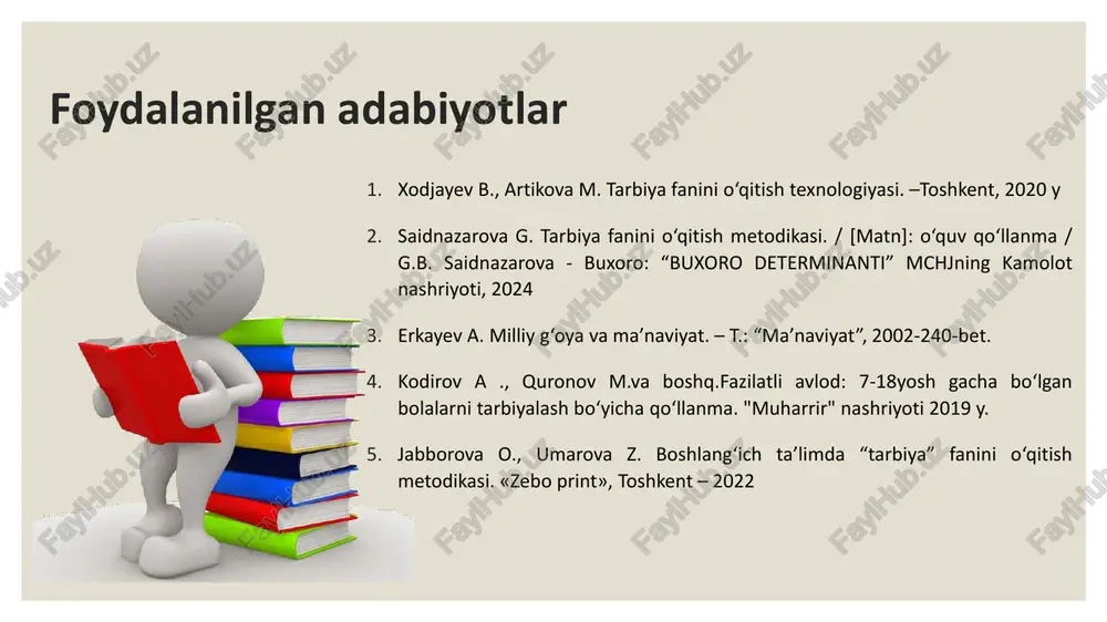 a sohasidagi siyosatini amalga oshirishda mavjud bo‘lgan dolzarb muammolarni hal etishga yo‘naltiriladi. fan yosh avlod tarbiyasidagi ishlarni yangi bosqichga olib chiqishga qaratilgan ustuvor vazifalar, asosiy maqsad va yo‘nalishlarni belgilab beradi. ◦ shuningdek, fanda belgilangan yo‘nalishlar mamlakat yoshlarini ma’nan va jismonan barkamol qilib tarbiyalash, iqtidori va salohiyatini ro‘yobga chiqarish, ularni davlat va jamiyatning rivojiga keng jalb etish, tashabbuslarini yetarli darajada qo‘llab-quvvatlash maqsadida huquqiy asoslar, iqtisodiy imkoniyatlar va tashkiliy mexanizmlarni yanada kengaytirishga xizmat qiladi. o‘quv fanining maqsadi va vazifalari • uzluksiz ta’lim tizimida ta’lim oluvchilarda ijtimoiy kompetentsiyalarni tarkib toptirish, yuksak ma’naviy axloqiy va kasbiy sifatlarini rivojlantirishdan iborat. fanning maqsadi • uzluksiz ta’lim tizimida ta’lim oluvhchilarda umummadaniy, ijtimoiy, kommunikativ kompetentsiyalar hamda tarbiyaviy faoliyatni tashkil etish layoqatini shakllantirish; tarbiyaga doir xulq- atvor meyorlarini kundalik va kasbiy faoliyatda qo’llay olish ko’nikmasini rivojlantirishdan iborat fanning vazifasi fan bo‘yicha ta’lim oluvchlarning o‘quv faoliyati natijalari umumiy o‘rta, o‘rta maxsus va professional ta’lim tizimi uchun: ◦ har bir bosqichda …