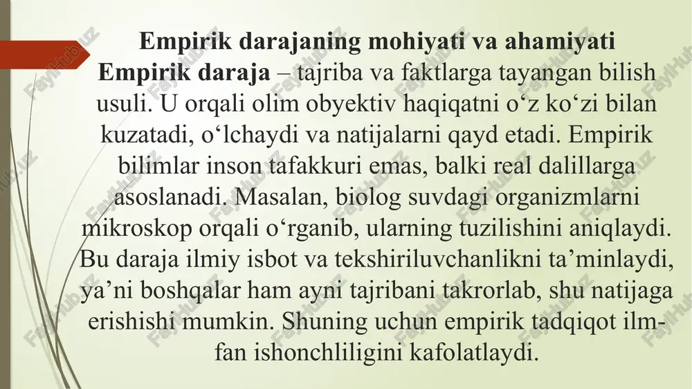 qarashi yoki tajribasini aniqlash uchun beriladigan savollar majmuasidir. intervyu esa so‘rovning og‘zaki shakli bo‘lib, tadqiqotchi savollar berib, suhbat orqali ma’lumot oladi. masalan, talabalar orasida “onlayn ta’limdan qoniqish darajasi”ni aniqlash uchun so‘rovnoma o‘tkazish – empirik usuldir. yoki tibbiyotda bemorlar bilan intervyu o‘tkazib, dori ta’sirini bilish – empirik ma’lumotdir. bu usullar jamiyatdagi real fikrlarni bilish imkonini beradi. statistik tahlil empirik tadqiqotda to‘plangan ma’lumotlar ko‘pincha katta hajmda bo‘ladi. ularni tahlil qilish uchun statistik usullar qo‘llaniladi. statistik tahlil yordamida o‘rtacha qiymat, foiz, korrelyatsiya kabi ko‘rsatkichlar hisoblanadi. masalan, iqtisodiyotda aholi daromadining o‘rtacha miqdorini yoki ishsizlik darajasini aniqlash statistik tahlil orqali amalga oshiriladi. bu natijalar asosida umumiy tendensiyalarni ko‘rish va xulosa chiqarish mumkin. empirik darajadagi ma’lumotlar turlari empirik ma’lumotlar ikki turga bo‘linadi: birlamchi va ikkilamchi. birlamchi ma’lumotlar tadqiqotchi tomonidan to‘g‘ridan-to‘g‘ri yig‘ilgan ma’lumotlardir: so‘rov, kuzatish yoki tajriba natijalari. ikkilamchi ma’lumotlar esa allaqachon mavjud bo‘lgan statistik hisobotlar, rasmiy hujjatlar, ilmiy maqolalardan olinadi. masalan, o‘zbekiston davlat statistika qo‘mitasining ma’lumotlaridan …