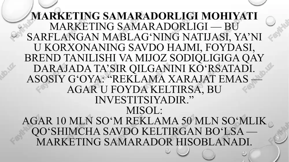 keting samaradorligini oshirish uchun korxona quyidagilarga e’tibor qaratishi kerak: • maqsadli auditoriyani to‘g‘ri tanlash • kontent sifatini yaxshilash • reklama vaqtini optimallashtirish • raqobatchilarni tahlil qilish • ma’lumotlar asosida strategik qarorlar qabul qilish misol: toshkentdagi kafe reklamani butun o‘zbekiston bo‘yicha berish – samarasiz. auditoriyani aniq segmentlash kerak. amaliy misol korxona: “delta electronics” • marketing byudjeti: 50 mln so‘m • natijaviy savdo: 180 mln so‘m • oldingi oy savdosi: 100 mln so‘m tahlil: qo‘shimcha daromad = 180 - 100 = 80 mln romi = \frac{80 - 50}{50} \times 100 = 60\% bu degani, kampaniya foydali, lekin yanada samaraliroq reklama kanallari tanlansa, 100% dan yuqori romi olish mumkin. samaradorlikni pasaytiruvchi omillar • maqsadsiz reklama (noaniq auditoriya) • statistik ma’lumotlardan noto‘g‘ri foydalanish • qisqa muddatli strategiyalar • bozor sharoitlarini inobatga olmaslik • brend imidjining pastligi • reklama kontentining sustligi misol: qimmat mahsulotni past daromadli tumanlarda targ‘ib qilish — samarasiz reklama bo‘ladi. xulosa marketing …