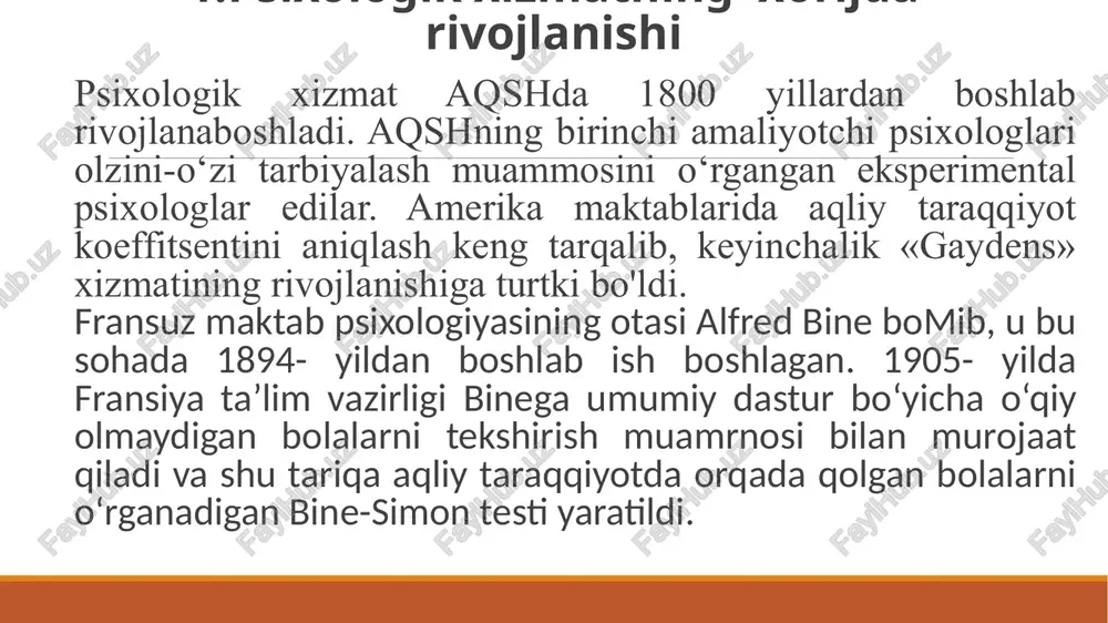 di. 0‘rta maxsus, kasb-hunar tizimidagi psixologik xizmatning maqsadi —shaxsning har tomonlama garmonik kamoloti, to‘laqonli psixologik taraqqiyotni ta’minlovchi qulay shart-sharoitlar yaratishdan iboratdir. 3.psixologik xizmat predmeti, maqsadi, mazmuni va vazifalari. 1. ilmiy nuqtayi nazar psixologik xizmatning metodologik muammolarini ishlab chiqishni nazarda tutadi. bu yo‘nalish ijrochilarining asosiy vazifasi maktab psixologik xizmatida ishning psixodiagnostik, psixokorreksiya va rivojlantiruvchi metodlarini ishlab chiqish va nazariy asoslashga bag‘ishlangan ilmiy tadqiqotlarni o‘tkazishdan iborat. 2. tashviqot nuqtayi nazari xalq ta ’limi xodimlarining psixologik bilimlardan foydalanishini nazarda tutadi. bu yo‘nalishda pedagoglar, metodistlar va didaktlar asosiy harakatlantiruvchi shaxslar bo‘lib maydonga chiqadi. 3. xizmatning amaliy nuqtayi nazarini maktab psixologlari amalga oshiradilar, ulaming vazifasi — u yoki bu aniq vazifani hal qilish uchun ota-onalar, o‘qituvchilar, sinf jamoasi, bolalar bilan ish olib borishdan iborat. 3.psixologik xizmat predmeti, maqsadi, mazmuni va vazifalari. psixologik xizmatning mazmuni: a) psixoprofilaktika; b) psixologik maorif va ma’rifat; d) psixodiagnostika; c) psixik rivojlanitirish va psixokorreksiya; f) psixologik maslahat. psixologik xizmat haqida nizom …