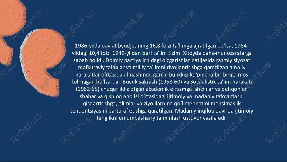 chilarni tayyorlash, islohotlar dasturi va modernizatsiya ehtiyojlariga mos keladigan koʻrsatmalar, oʻquv dasturlari va usullarini taklif qilish tavsiya qilindi. 9 yillik tizim „toʻqqiz yil — bir siyosat“ yoki xitoycha „shīngīshīngān“ deb nomlanadi. bu odatda boshlangʻich maktab va oʻrta maktabning taʼlim integratsiyasini nazarda tutadi. boshlangʻich maktabni tugatgandan soʻng, bitiruvchilar toʻgʻridan- toʻgʻri oʻrta maktabga kirishlari mumkin. 9 yillik tizimni tatbiq etuvchi maktablardagi baholar odatda 1-sinf, 2-sinf va hokazolar 9-sinfgacha deb ataladi. 1.davomiylik. talabalar boshlangʻich maktabdan oʻrta maktabgacha taʼlimni tugatadilar. 2.yaqinlik prinsipi. talabalar oʻrta maktabga kirish imtihonlari oʻrniga yaqin atrofdagi maktabga kirishadi. 3.birlik. 9 yillik tizimni amalga oshiruvchi maktablar maktab boshqaruvi, oʻqitish va taʼlim sohasida yagona boshqaruvni amalga oshiradilar. maktabgacha taʼlim xitoyda maktabgacha taʼlim tizimi 1985-yildagi taʼlim islohotida belgilangan tamoyillar asosida tashkil etilgan. unga ko‘ra, maktabgacha taʼlim muassasalarini davlat korxonalari, ishlab chiqarish guruhlari, shahar hokimiyatlari, jamoalar va ijtimoiy guruhlar otaliqqa olishi kerak. hukumat maktabgacha taʼlimga homiylik qilish xususiy va turli davlat tashkilotlarining ijtimoiy xizmatlaridan …