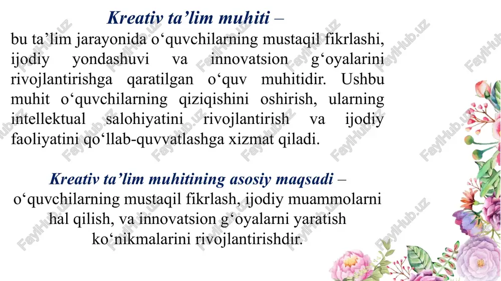 h va ta’riflashga (hisoblash, sanab o‘tish va b.)ga doir topshiriqlar qiyoslash va farqlash (taqqoslash va bo‘lish)ga oid topshiriqlar mavhumlashtirish, aniqlashtirish va umumlashtirishga doir topshiriqlar murakkab bo‘lmagan (kattalik, o‘lchamlari noma’lum bo‘lgan) misollarni yechish iii. raqam va ma’lumotlar bilan ishlashda murakkab fikriy operatsiyalarni taqozo etuvchi topshiriqlar: k r e a t i v p e d a g o g i k a har bir o‘quv topshirig‘i o‘z ichiga yana bir necha kichik turdagi topshiriqlarni qamrab oladi. ular quyidagilardir: induksiya (juz’iy xususiyatga tayangan umumiy xulosa chiqarish)ga oid topshiriqlar deduksiya (umumiy holatga ko‘ra xususiy xulosalar chiqarishga) doir topshiriqlar) isbotlash (dalillashtirish) va tekshirishga oid topshiriqlar baholashga doir topshiriqlar ko‘chirish (biror joyga uzatish, shaklini o‘zgartirish)ga oid topshiriqlar bayon qilish (sharhlash, ma’nosini tushuntirish, mohiyatini yoritish, asoslash)ga doir topshiriqlar iv. ma’lumotlarni e’lon qilishga oid topshiriqlar: k r e a t i v p e d a g o g i k a har bir o‘quv topshirig‘i o‘z …