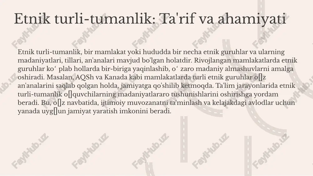 lakatlarida, madaniy meros ta'lim dasturlariga kiritilgan, bu esa o'quvchilarga o'z qadriyatlarini tan olish va hurmat qilishda yordam beradi. 01. 02. 03. madaniy meros va etnik xususiyatlar etnik xususiyatlar, biror etnik guruhni ajratib turuvchi, uning madaniyati, an'analari va tiliga oid belgilardir. ushbu xususiyatlar, ijtimoiy va tarixiy kontekstda shakllanadi. - madaniy meros va etnik xususiyatlar o'rtasidagi bog'lanish: - etnik xususiyatlar, madaniy merosni shakllantiradi. - madaniyat, etnik guruhlarning tarixiy tajribalarini aks ettiradi. - etnik an'analarning saqlanib qolishi, madaniy merosni boyitadi. - madaniy meros orqali etnik xususiyatlar avloddan avlodga o'tadi. etnik xususiyatlar tarbiyada, talabalarning identifikatsiyasiga va o'ziga xosligini ishlab chiqishga yordam beradi. ular, ta'lim jarayonida madaniy qadriyatlar va an'analarni o'z ichiga oladi. bundan tashqari, madaniy meros va etnik xususiyatlar o'rtasidagi o'zaro ta'sir, ta'lim jarayonining samaradorligini oshiradi. tarbiyaviy jarayonlarda madaniy qadriyatlar madaniy qadriyatlar insonlarning hayoti va jamiyatdagi munosabatlarini belgilovchi asosiy tamoyillardir. ular o‘zaro hurmat, adolat, va bir-birini qo‘llab-quvvatlash kabi axloqiy me'yorlarni o‘z ichiga oladi. 1. …