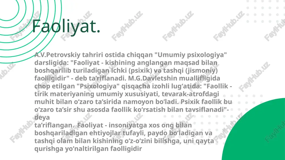 -diqqatning faoliyat turlariga qarab - individual, guruhiy va jamoaviy diqqat harakat komponentlari diqqat turlari aktivligiga ob'ektiga faoliyat ixtiyorsiz tashqi ixtiyoriy ixtiyoriydan so'nggi ichki individual guruhli jamoa ixtiyorsiz diqqat ixtiyorsiz diqqat deb toʻsatdan ta’sir qilgan biror sabab tufayli bizning hohishimizdan tashqari hosil boʻladigan diqqatga aytiladi. odamning koʻz oʻngida paydo boʻladigan juda yorqin rangli narsalar, oʻzining tashqi koʻrinishi jihatidan odatdagi narsalardan keskin farq qiluvchi predmetlar, toʻsatdan paydo boʻlgan qattiq tovush, biror narsaning keskin harakati va shu kabilar ixtiyorsiz diqqatni yuzaga keltiruvchi sabablar boʻlishi mumkin. masalan, hikoya oʻqish mashgʻuloti paytida toʻsatdan uchib oʻtgan reaktiv samolyotning qattiq va bahaybat tovushi hammaning diqqatini beixtiyor oʻziga jalb qiladi. ixtiyoriy diqqat deb ixtiyoriy diqqat deb - oldindan belgilangan qat’iy bir maqsad asosida va ongli ravishda diqqatimizni ma’lum bir narsa va hodisalarga qaratishimizga aytiladi. odamning koʻpchilik faoliyatlari asosan ixtiyoriy diqqatning ishtiroki bilan amalga oshiriladi. shuning uchun barcha faoliyat turlarida, ya’ni oʻqish, oʻyin va mehnat faoliyatlarida ixtiyoriy diqqatning roli …