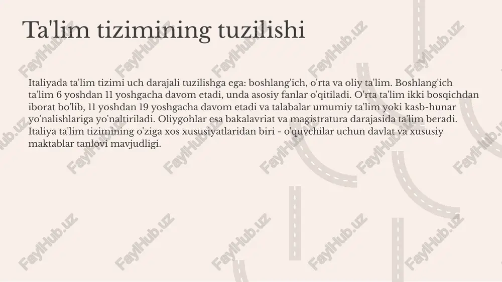. ta'lim ilovalari - talabalar uchun qo'shimcha resurslar va mashqlar taqdim etadi. innovatsion dasturlar va loyihalar o'qitish jarayonida innovatsiyalar italiya ta'lim tizimida innovatsion dasturlar ko'plab o'zgarishlarni keltirib chiqarmoqda. ushbu dasturlar, o'quvchilarning qobiliyatlarini oshirish va zamonaviy ta'lim metodlarini joriy etishga qaratilgan. loyihalarning muvaffaqiyatlari 1. "o'qituvchilar uchun yangi metodlar" loyihasi, o'qituvchilarga zamonaviy pedagogik texnologiyalarni o'rgatish maqsadida tashkil etilgan. 2. "raqamli platformalar" dasturi, o'quvchilarga onlayn ta'lim resurslaridan foydalangan holda o'z bilimlarini mustahkamlash imkonini beradi. 3. "ustozlar va o'quvchilar o'rtasida onlayn aloqalar" loyihasi, ta'lim jarayonida hamkorlikni yanada kuchaytirish uchun mo'ljallangan. yangi yondashuvlar ushbu innovatsion dasturlar orqali o'quvchilarning ta'limga qiziqishi oshdi, o'qituvchilar esa o'z malakalarini yanada rivojlantirish imkoniga ega bo'ldi. ta'lim sifatining oshishi va talabalar muvaffaqiyatlarining ko'payishi, ushbu dasturlarni joriy etishning eng katta yutuqlaridan biridir. 01. 02. 03. ta'limda raqamli transformatsiya ta'limda raqamli transformatsiya - bu ta'lim jarayonlarini raqamli texnologiyalar yordamida o'zgartirish. italiyada raqamli transformatsiya jarayoni ta'lim muassasalarida onlayn ta'lim platformalarining kengayishi, interaktiv darslar va …