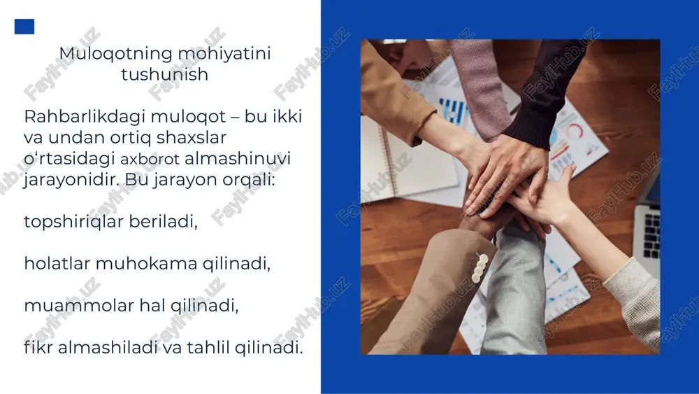 ni bukib olish, sovuq ohang – xodimni tortinchoq qiladi. bu esa muloqotga zarar yetkazadi. muloqotda motivatsiya berish rahbar muloqot orqali: xodimni ruhlantirishi, uni rag‘batlantirishi va professional o‘sishga undashi mumkin. konflikt (ziddiyat) paytida muloqotni boshqarish har qanday jamoada kelishmovchiliklar yuz beradi. rahbar: ziddiyatni muloqot orqali hal qilishni bilishi kerak, har ikki tomonni eshitib, vositachilik qilishga tayyor bo‘lishi kerak. 🛠 strategiya: “men” uslubida gapirish (masalan: “men shunday tushundimki…” o‘rniga “sen noto‘g‘ri qilding” demaslik). xulosa samarali rahbarlik faqat buyruq berish emas, bu odamlarni tushunish, ular bilan to‘g‘ri muloqot qilish, ruhlantirish va yo‘l ko‘rsatishdir. muloqotga befarqlik rahbarlikda eng katta xatolardan biridir. shuning uchun rahbarlikni orzu qilgan har bir inson avvalo muloqot san’ati va madaniyatini puxta o‘zlashtirishi kerak. image1.png image2.svg image3.png image4.jpeg image5.png image6.svg image7.png image8.svg image9.jpeg image10.png image11.svg image12.png image13.svg image14.png image15.svg image16.png image17.svg image18.jpeg image19.jpeg image20.png image21.svg /docprops/thumbnail.jpeg