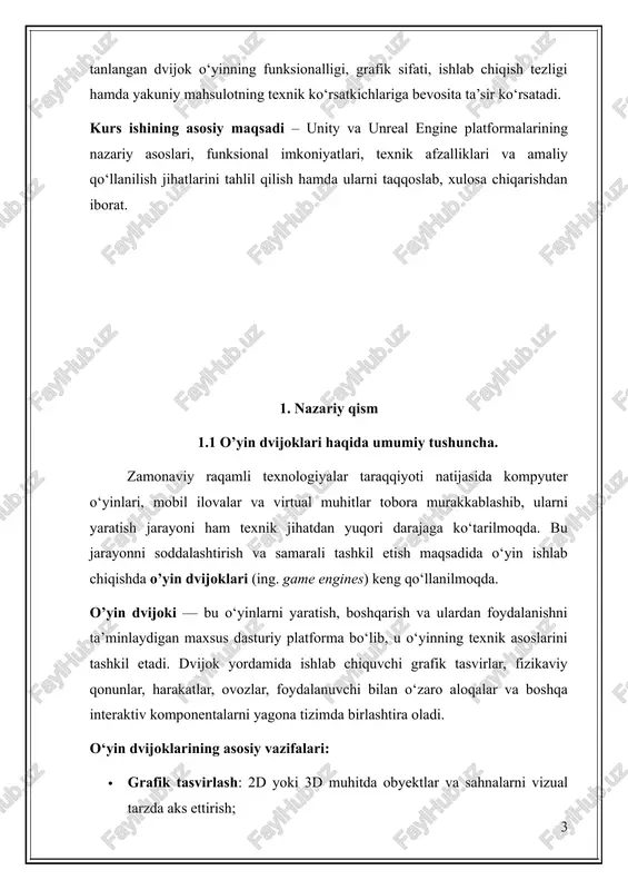 lar uchun mo‘ljallangan (cryengine, unreal engine); · yengil va havaskorlar uchun mo‘ljallangan dvijoklar: soddalashtirilgan interfeysga ega, o‘rganish oson (godot, gamemaker studio); · maxsus dvijoklar: yirik kompaniyalar tomonidan ichki ehtiyojlar uchun ishlab chiqilgan dvijoklar (id tech, rage). o‘yin dvijoklarining ahamiyati o‘yin dvijoklarining qo‘llanilishi ishlab chiquvchilarga quyidagi afzalliklarni beradi: · o‘yinni tez va tizimli ishlab chiqish imkoniyati; · takror ishlatiladigan komponentlar orqali samaradorlikni oshirish; · vizual interfeys orqali kod yozmasdan o‘yinni yaratish (masalan, blueprint tizimi); · keng jamoaviy qo‘llab-quvvatlash, tayyor resurslar kutubxonasi va doimiy yangilanishlar. bugungi kunda eng ko‘p qo‘llaniladigan va universal dvijoklar qatoriga unity va unreal engine kiradi. ular texnologik imkoniyatlari, o‘rganish qulayligi va platformalararo moslashuvchanligi bilan ajralib turadi. qo‘shimcha grafik va sxematik materiallar. 1-rasm. o’yin dvijoklari bozoridagi ulushi (2025-yil holati). unity asosan mobil o‘yinlar bozorida yetakchi bo‘lib qolmoqda. unreal engine esa yuqori sifatli 3d o‘yinlar va aaa toifadagi loyihalarda yetakchilik qiladi. 2-rasm. o’yin dvijokining umumiy arxitekturasi (sxema). dvijok ichida bir …