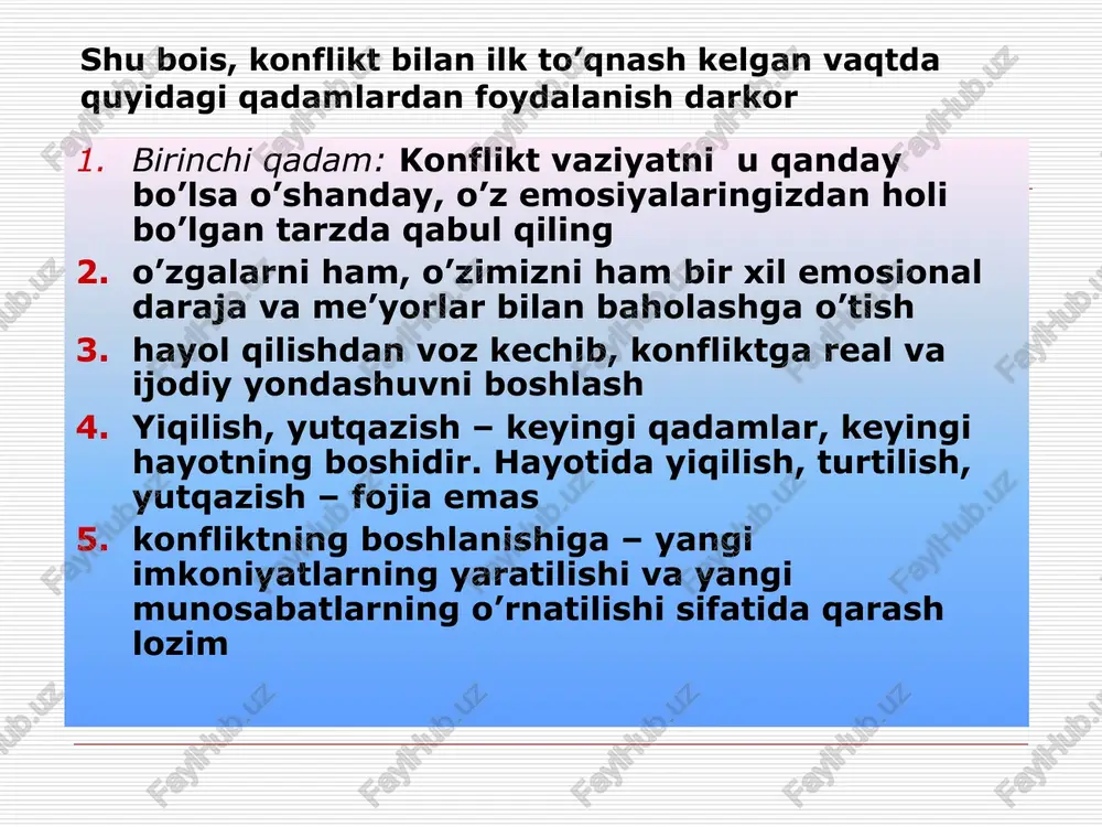 itdan, yangi vaziyatda yashash qonuniyatiga, yangi imkoniyatga, yangi munosabatlarga aylantirish darkor demak, konflikt – hayotning tugashi emas, balki yangi hayotning boshlanishidir. shunday qilib, konflikt yechimiga qaratilgan sayi-harakatlar passiv, impulsiv yoki aktiv, faol bo’lishi mumkin. konfliktga faol munosabat unga nisbatan ongli munosabatni talab etadi. xulosa o’rnida: biz eng zarur shart, ya’ni konfliktni o’z holicha tashlab qo’ymaslik kerak konfliktlarni boshqarish usullari konflikt yechimi uchun zarur bo’lgan insoniy fazilatlar va ko’nikmalar haqida gapirdik. ammo shu bilan birga konflikt yechimini topish uchun konfliktni boshqarishning o’ziga xos usullari ham egallash darkor konfliktologiyada konfliktlarni boshqarish usullari odamlarning xarakteri, o’zini tutishi, psixologiyasi asosida ishlab chiqilgan konfliktlarni boshqarishning besh asosiy usuli mavjud. odatda, konfliktlar nazariyasida bu usullar turli hayvonlar hatti-harakati asosida biror «jonivor»ning o’zini tutish xususiyatlariga nisbat beriladi. konfliktlarni boshqarish usullari moslashish va ko’nikish usuli – «qo’y» «bu mening ishim emas» usuli – «straus» agressiv usul – «akula» kompromiss (kelishuvchanlik) usuli – «tulki» hamkorlik usuli – «boyo’g’li» “qo'y” …