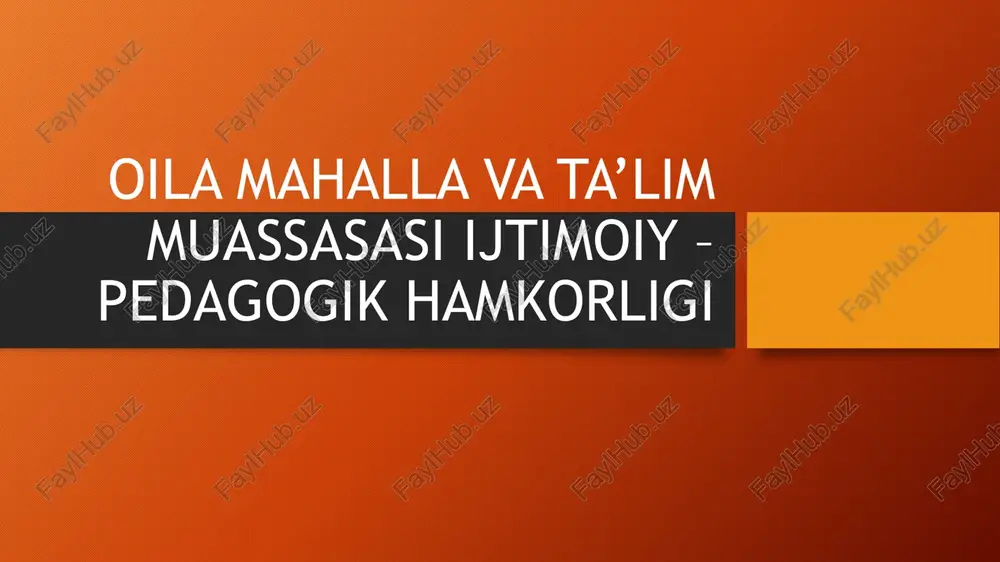 arshi fikr, jaholatga qarshi mahrifat” tamoyilini yoshlar ongiga singdirish, vatanini chin dildan sevadigan, millat ravnaqini o'ylaydigan avlod qilib shakllantirishda oila-mahalla-tahlim muassasalari” hamkorligining o'rni muhimdir. hamkorlikda amalga oshiriladigan asosiy vazifalar: tahlim-tarbiya jarayoniga oid normativ-huquqiy hujjatlarni takomillashtirish yuzasidan takliflar tayyorlash va belgilangan tartibda tegishli davlat organlariga kiritish; - oila-mahalla-tahlim muassasalari hamkorligini yanada rivojlantirishga qaratilgan uslubiy va amaliy ko'mak berish; - o'quvchi va yoshlar, ularning ota-onalari o'rtasida tegishli mutaxassislar (psixolog, ijtimoiy xizmat mutaxassislari va b.)ni jalb qilgan holda tegishli mavzularda so'rovlar o'tkazish va natijasi asosida tavsiyalar ishlab chiqish, psixologik maslahatlar va treninglar tashkil etish; yosh avlodni vatanparvar, millatparvar va bag'rikenglik ruhida tarbiyalash, kelajakka ishonch va intilish, mehnatsevarlik, bunyodkorlik, mahrifatparvarlik kabi fazilatlarni singdirish, ularda hushyorlik va ogohlik tuyg'ularini hamda faol grajdanlik pozitsiyasi va mafkuraviy immunitetni mustahkamlash; ota-onalarning farzandlar tarbiyasidagi o'rni, konstitutsion majburiyati va mashuliyatini oshirish, farzandlar bilan o'zaro munosabatlarini mustahkamlashga ko'maklashish, targ'ibot ishlarini kuchaytirish; - darslarga uzrli sabablarsiz kelmayotgan yoxud muntazam ravishda qatnashmayotgan o'quvchilarni …