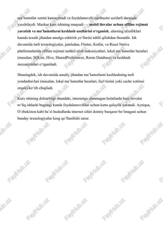 k yaratish va ma’lumotlarga tezkor kirish imkonini beruvchi dasturiy ta’minot hisoblanadi. biroq ko‘p hollarda bunday ilovalar internet tarmog‘iga bog‘liq holda ishlaydi. amalda esa foydalanuvchi har doim ham internetga ulanmagan bo‘lishi mumkin. shu sababli zamonaviy mobil ilovalarda offline rejimni joriy etish — ilova funksionalligini kengaytirishning muhim yo‘nalishlaridan biridir. offline rejim — bu foydalanuvchi internet ulanmagan holatda ham dastur bilan ishlash imkonini beruvchi rejimdir. ushbu rejimda ilova kerakli ma’lumotlarni oldindan yuklab oladi yoki foydalanuvchi qurilmasida saqlaydi, shundan so‘ng tarmoq mavjud bo‘lmasa ham ishlashda davom etadi. internet qayta tiklanganda esa dastur avtomatik tarzda server bilan ma’lumotlarni sinxronlashtiradi, ya’ni o‘zgartirilgan yoki yangilangan ma’lumotlarni server bazasiga uzatadi. offline rejimni yaratish g‘oyasi dastur foydalanuvchisining tajribasini yaxshilashga qaratilgan. masalan, ijtimoiy tarmoq, yangiliklar, xarita yoki ta’limga oid ilovalar foydalanuvchi uchun tarmoqsiz holatda ham ma’lum funksiyalarni bajarishi zarur. misol uchun, google maps ilovasida foydalanuvchi oldindan xaritani yuklab olib, keyinchalik internet bo‘lmasa ham yo‘nalishdan foydalanishi mumkin. yoki youtube premium xizmati …