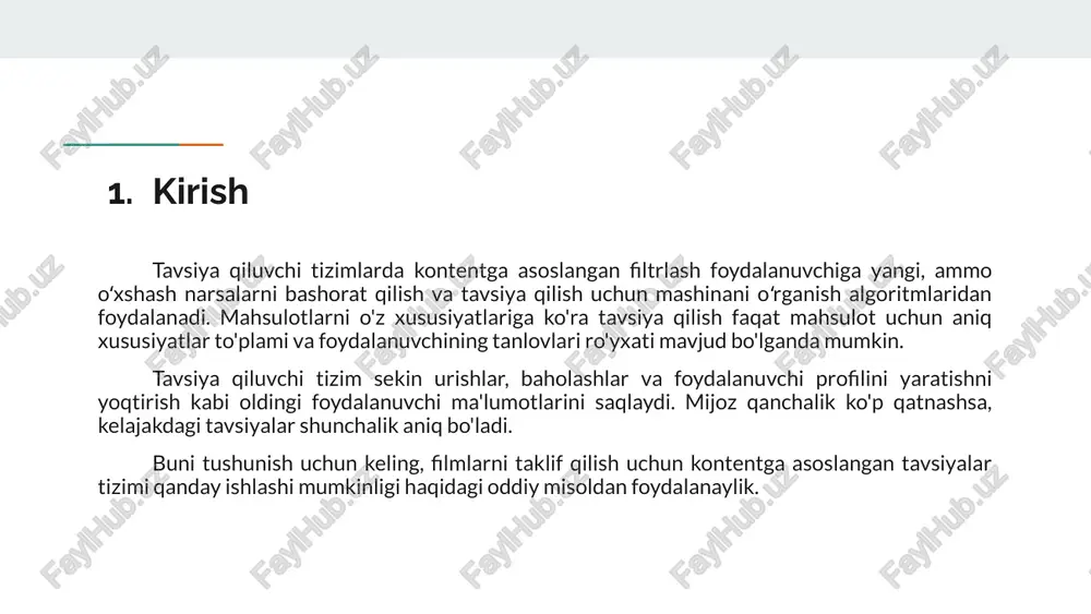 afzalliklari va parametrlari foydalanuvchining tanloviga moslashtirilgan. shuning uchun, model boshqa foydalanuvchilarni qiziqtirmasligi mumkin bo'lgan aniq narsalarni tavsiya qilishi mumkin. eng so'nggi narsalarni ro'yxatga olishni kutmasdan, ishga tushirilishi bilanoq taklif qilish mumkin, chunki xususiyatlar boshidanoq mavjud. kamchiliklar kontentga asoslangan tavsiyalar mexanizmini yaratish juda ko'p domen bilimlarini talab qiladi, chunki elementlarning funksiya tanlashi asosan tizimga qattiq kodlangan. shunday qilib, model faqat uni yaratuvchining bilimi kabi yaxshi. model foydalanuvchining hozirgi qiziqishidan kelib chiqqan holda yangi narsalarni tavsiya qilishi mumkin. shu sababli, foydalanuvchini qiziqtiradigan yangi yo'llarni topish va kengaytirish mumkin emas. sovuq ishga tushirish muammosi muhim kamchilikdir, chunki dvigatel takliflar berishni boshlash uchun yangi foydalanuvchi haqida etarli ma'lumotga ega emas. u qadar faol bo'lmagan foydalanuvchilarga yangi tavsiyalar berish qiyin. xulosa kontentga asoslangan yondashuv takliflar berish uchun ikkita usuldan foydalanishini ko'rdik: tasniflash modeli yondashuvi va vektor fazosi, ularning ikkalasi ham o'zlarining afzalliklari va kamchiliklariga ega. tavsiya qilish tizimlari tashkilotlar va kompaniyalar tomonidan iste'molchilar bazasiga yangi …