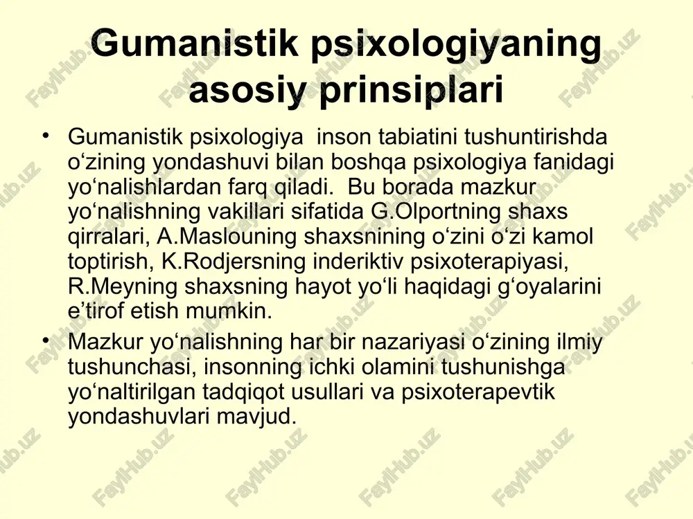 va shundan kelib chiqqan xolda ular bilan munosabatga kirishish qobiliyati deb tavsiflaydi. u boshqa odamlarni yaxshi tushinishini ta’minlovchi bir qator sifatlarni ajratib ko‘rsatgan: bu sifatlar tarkibiga sotsial intellekt aloxida qobiliyat sifatida kiritilgan. shaxs tiplari: nazariyotchi, iqtisodchi; estetik; sotsial; siyosatchi. a.maslou shaxs nazariyasi maslou abraxam xarold (1908-1970) gumanistik psixologiya asoschilaridan biri bo‘lgan amerikalik psixolog bo‘lib, u psixologiyaga motivatsiyalarning ierarxik modelining muallifi sifatida kirib kelgan. bu ierarxiya asosida uning tug‘ma va universalligi haqidagi postulat yotadi. u inson motivatsiyasini quyidagi ketma-ketlikda tartiblab chiqqan: maslou ierarxiyasi asosiy mazmuniga ko‘ra, extiyojlarni hech qachon “hamma narsa yoki hech narsa” prinsipi asosida qondirib bo‘lmaydi. ehtiyojlar bir-biriga qisman mos keladi va insonda bir vaqtning o‘zida ikki yoki undan ortiq pog‘onadagi ehtiyojlarga motivatsiya uyg‘onishi mumkin. maslouning ehtiyojlarining ierarxik modeli doirasida o‘rtacha insonning qondirishi kerak bo‘lgan 5 ta ehtiyojlarini ko‘rsatib o‘tgan: maslou ierarxiyasi asosiy mazmuniga ko‘ra, ehtiyojlarni hech qachon “hamma narsa yoki hech narsa” prinsipi asosida qondirib bo‘lmaydi. ehtiyojlar bir-biriga …