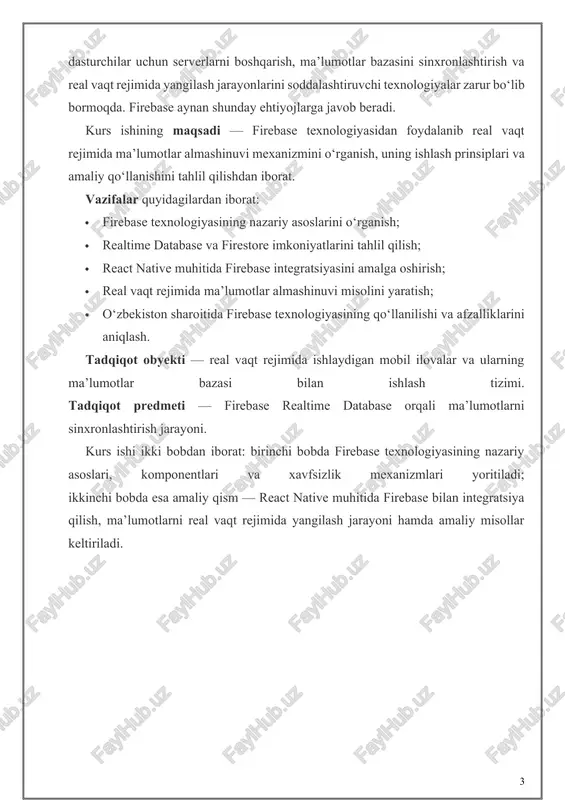 misolini yaratish; · o‘zbekiston sharoitida firebase texnologiyasining qo‘llanilishi va afzalliklarini aniqlash. tadqiqot obyekti — real vaqt rejimida ishlaydigan mobil ilovalar va ularning ma’lumotlar bazasi bilan ishlash tizimi. tadqiqot predmeti — firebase realtime database orqali ma’lumotlarni sinxronlashtirish jarayoni. kurs ishi ikki bobdan iborat: birinchi bobda firebase texnologiyasining nazariy asoslari, komponentlari va xavfsizlik mexanizmlari yoritiladi; ikkinchi bobda esa amaliy qism — react native muhitida firebase bilan integratsiya qilish, ma’lumotlarni real vaqt rejimida yangilash jarayoni hamda amaliy misollar keltiriladi. 1. nazariy qism 1.1. bulutli texnologiyalar va real vaqt rejimidagi ma’lumotlar almashinuvi tushunchasi so‘nggi yillarda axborot texnologiyalarining tez sur’atlarda rivojlanishi natijasida bulutli hisoblash (cloud computing) tushunchasi dasturiy ishlab chiqish jarayonida muhim o‘rin egallay boshladi. bulutli texnologiyalar — bu foydalanuvchilarga o‘zlarining ma’lumotlari va hisoblash resurslarini internet orqali masofadan turib boshqarish imkonini beruvchi xizmatlar majmuasidir. ular foydalanuvchilarga serverlarni fizik joylashuvini bilmasdan turib, ma’lumot saqlash, tahlil qilish, qayta ishlash va sinxronlashtirish imkonini yaratadi. bulutli tizimlarning asosiy afzalligi …