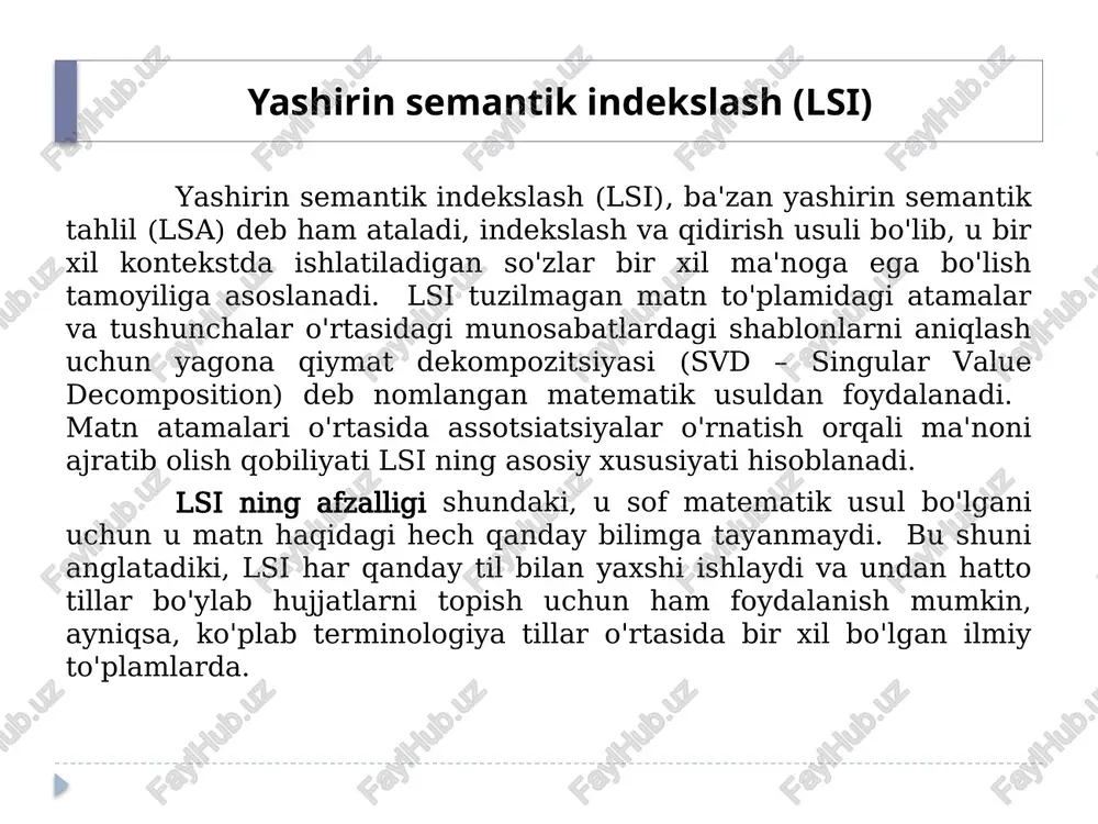 2-qadam: a matritsasini qismlarga ajrating va u, s va v matritsalarini toping, bu yerda: a = usvt 3-qadam: u va v ning birinchi ikkita ustunini va s ning birinchi ikki ustuni va ikki satrini saqlab, 2-darajali taxminni(rank 2 approximation) amalga oshiring. 4-qadam: ushbu qisqartirilgan ikki o'lchovli bo'shliqda yangi hujjat vektor koordinatalarini toping. v qatorlari xos vektor qiymatlariga ega. bular alohida hujjat vektorlarining koordinatalari, shuning uchun d1(-0,4945, 0,6492); d2(-0,6458, -0,7194); d3(-0,5817, 0,2469). 5-qadam: qisqartirilgan 2 o'lchovli fazoda yangi so'rov vektor koordinatalarini toping. q = qtuksk-1 6-qadam: hujjatlarni so'rov-hujjat kosinuslari o'xshashligining kamayishi tartibida tartiblang. hujjatlarni kamayish tartibida tartiblash: d2 > d3 > d1 biz d2 hujjati d3 va d1 dan yuqori ball olganini ko'rishimiz mumkin. uning vektori boshqa vektorlarga qaraganda so'rov vektoriga yaqinroq. image2.png image3.png image4.png image5.png image6.png /docprops/thumbnail.jpeg