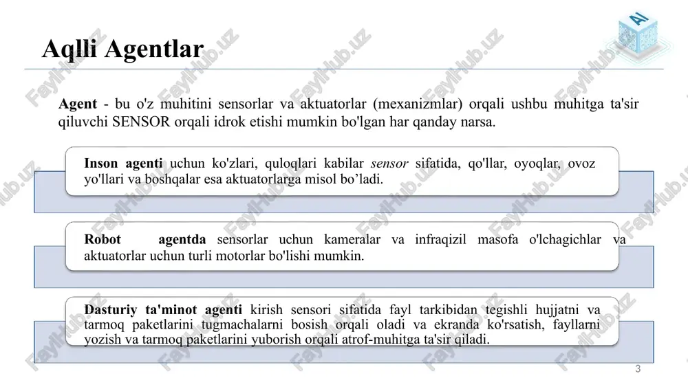i sining vazifasi – agent funktsiyasini amalga oshiradigan agent dasturini ishlab chiqishdir. aqlli agentning tuzilishi arxitektura va agent dasturining birikmasidir. buni quyidagicha ko'rish mumkin: agent = architecture + agent program quyida si agenti tuzilishiga tegishli uchta asosiy atama keltirilgan: arxitektura: arxitektura - bu ai agenti bajaradigan mashina. agent funktsiyasi: agent funktsiyasi idrokni harakatga solishtirish uchun ishlatiladi. agent dasturi: agent dasturi agent funktsiyasini amalga oshiradi. agent dasturi f funksiyasini ishlab chiqarish uchun fizik arxitekturada amalga oshadi. 11 aqlli agentlar 12 13 image1.jpg image2.png image3.png image4.jpg image5.png image6.png image7.png image8.png image9.png image10.png image11.png image12.jpg image13.png image14.jpg image15.jpg image16.jpg image17.jpg image18.jpg image19.png image20.png image21.png image22.png image23.png image24.png image25.jpg image26.jpg