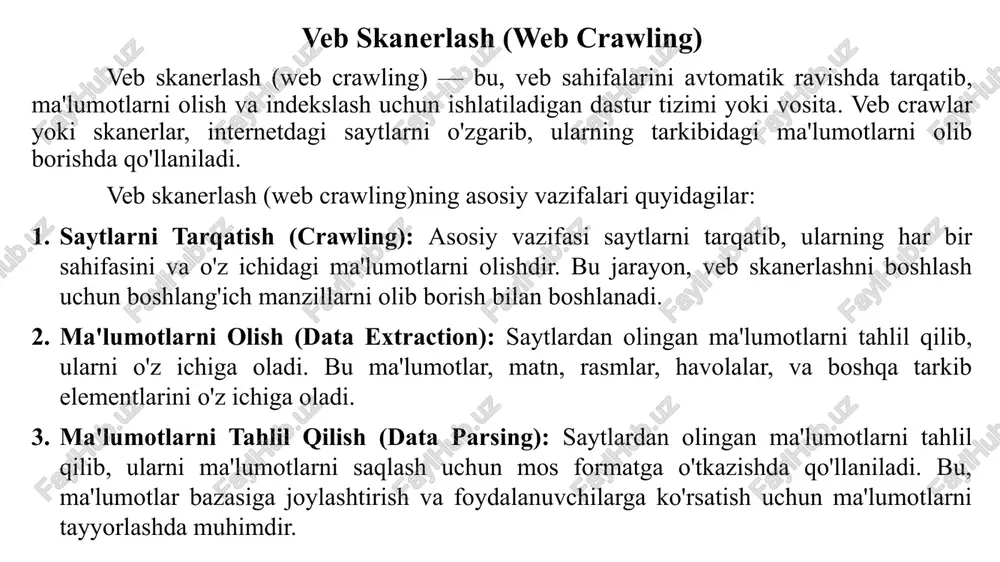 hlarni qabul qiladi va yangi ma'lumotlarni tuzib boradi. 7. o'zgarishlarni kuzatish: veb indeks, veb saytlardagi o'zgarishlarni kuzatib boradi. bu, foydalanuvchilarga aktual va to'g'ri ma'lumotlarni taqdim etish uchun kerakli jarayonlardan biridir. 8. xavfsizlik va etik prinsiplarni saqlash: veb indekslar, saytlar bilan etik tuzilish va xavfsizlik prinsiplarini saqlashda muhim rol o'ynayadi. qonun va tegishli huquqiy masalalarni tuzishda indekslar etik prinsiplarga rioya etishadi. brauzer xususiyatlari brauzerlar, internetda saytlarni ko'rish, manzillarni yozish, ma'lumot olish, fayllarni yuklash, elektron pochta yuborish va ko'plab boshqa amallar uchun ishlatiladi. brauzerning bir nechta xususiyatlari mavjud va ular quyidagilar: foydali qo'llanmalarni qo'llash: brauzerlar ob-havo, yangiliklar, valyuta kurslari va boshqa ma'lumotlarni avtomatik ravishda ko'rish uchun qo'llanmalar bilan integratsiya qila oladi. qidiruv va manzilni kiritish: foydalanuvchi ishlatilgan brauzerdan kutubxonaga manzil qidirishi yoki birinchi yozilgan harfni kiritish yordamida tez foydalanuvchi manzilini topishadi. yuklab olish qatnovlari: foydalanuvchilarga sayt yoki fayllarni yuklab olishda tezlik va xavfsizlikni ta'minlash uchun yordam beradigan qo'llanmalar integratsiyasi. xavfsizlik va maxfiylik: …