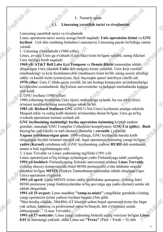 iyerarxiyasi, fayl, buyruqlar qatori interfeysi (shell) edi. 1970-yillar: unix c tilida qayta yozildi, bu uni boshqa kompyuter arxitekturalariga ko'chirishni osonlashtirdi. bu unixni universitetlar va tadqiqot institutlarida kengga olib keldi. 2. gnu loyihasi (1980-yillar) 1980-yillarning boshlarida unix tijoriy mahsulotga aylandi, bu esa erkin (free) ta'minot tarafdorlarining noroziligiga sabab bo'ldi. 1983 yil: richard stallman gnu (gnu's not unix) loyihasini amalga oshirish. maqsad erkin va ochiq kodli dasturiy ta'minotdan iborat bo'lgan, unix-ga to'liq o'xshash operatsion tizimni sozlash edi. gnu loyihasining muhimligi: loyiha operatsion tizimning ko'plab muhim qismlari, masalan, gnu compiler collection) kompilyatori, gnu csi (glibc) , bash buyrug'lar xati (shell) va turli dasturiy dasturlar ( coreutils ) yaratildi. yagona yetishmayotgan qism: 1990-yillarga, gnu loyihasida barcha kelib chiqadigan foydali ta'minot mavjud edi, faqat operatsion tizimning yuragi bo'lgan yadro (kernel) yetishmas edi. (gnu loyihasining yadrosi hurd deb nomlanadi, ammo u hali tugallanmagan edi). 3. linus torvalds va linux yadrosining tug'ilishi (1991-yil) linux operatsiyasi to'liq tizimga …
