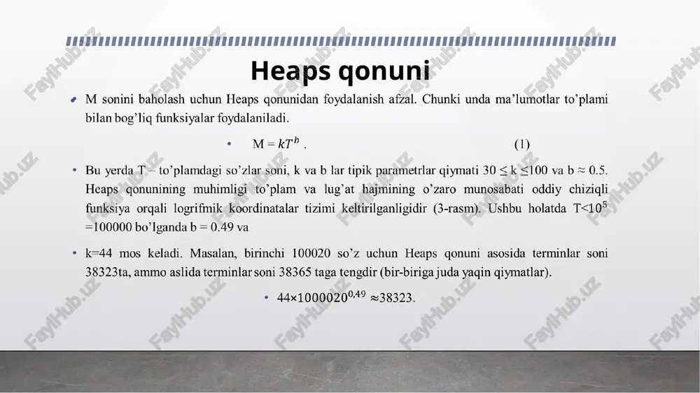 lementni massivning navbatdagi indeksiga joylash; yangi elementni ota tugun bilan solishtiring, agar yangi element otasidan kichik bo’lsa, ularni o’rin almashtiring; bu jarayon takrorlanadi toki: yoki yangi elementning otasi kichik yoki teng bo’lguncha; yoki yangi element ildizga kelguncha (massivda 0 indeksga kelguncha). min-heapga yangi 43 sonini kiritamiz min-heapga 18 ni kiritamiz. min-heapga 2 ni kiritamiz min-heap treedan elementni o’chirish algoritmi: o’chiriladigan element o’rniga daraxtdagi eng quyi darajada turgan eng o’ngdagi, ya’ni oxirgi element joylashtiriladi. o’rni o’zgargan shu element ikkita o’g’il tugunlari bilan solishtiriladi va agar ulardan katta bo’sa, kichik o’g’il tugunl bilan almashtiriladi. o’rinlashtirishda qatnashgan element ta’sir qiladigan qism daraxtlar tekshirib chiqiladi, buning uchun oxirgi ikkita amal takrorlanadi. masalan, 10.3-rasmdagi heap treedan 5 ni o’chiramiz. quyidagi heap tree xosil bo’ladi. agar bundan 14 ni o’chirsak, quyidagi ko’rinishga keladi: heap tree tuzilmasi bilan ishlash samaradorligi: agar tuzilmada n ta element mavjud bo’lsa, undagi bosqichlar soni log2(n+1) ta teng. yangi element kiritishda 1ta …