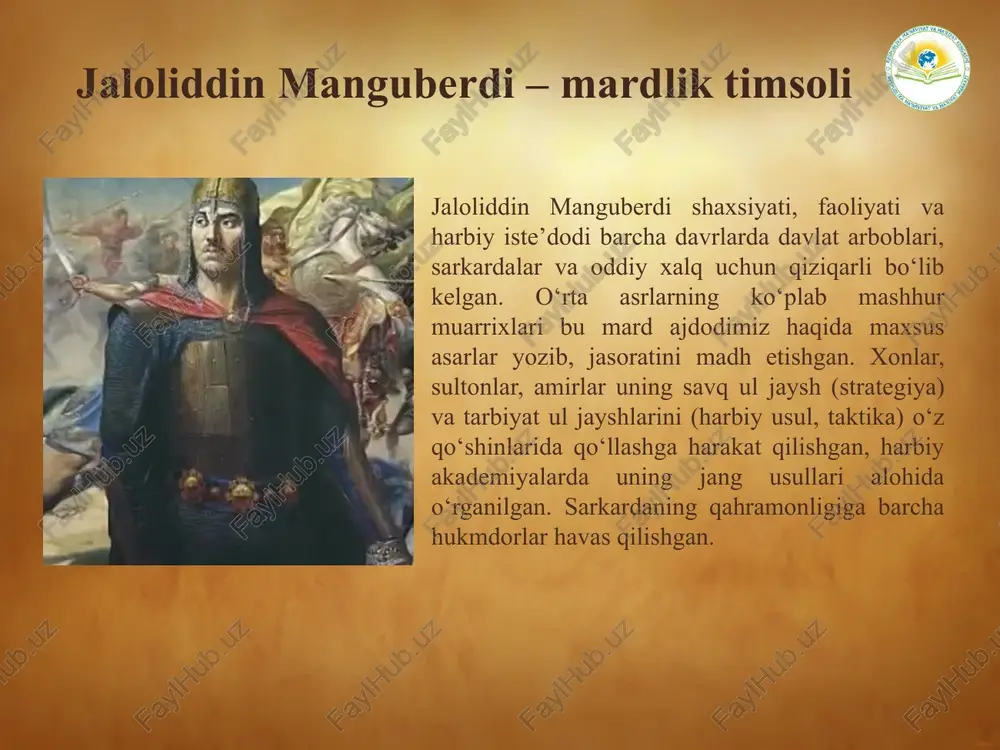 , baquvvat iymon-e’tiqodga ega bo‘lish uchun insonda vatanga muhabbat, elu yurtga sadoqat, fidoyilik, ozodlikka intilish tuyg‘usi nihoyatda yuksak bo‘lishi kerak. o‘zining qurbon bo‘lishini bilsa-da, vatan uchun, uning or-nomusi va istiqboli uchun zimmasiga shunday og‘ir qismatni olgan zotlarning xotirasi muqaddasdir. jaloliddin manguberdi o‘rta asrlarning ko‘plab tarixchilari anushtegin xorazmshohlar silsilasiga bag‘ishlangan maxsus asarlar yozishgan. shihobiddin nasaviyning “siyrat ad-dias-sulton jalol n mengburni” (“sulton jaloliddin manguberdi hayoti tafsiloti”), alouddin atomalik juvayniyning “tarixi jahongusho” (“jahon fotihi tarixi”), rashiduddin fazlullohning “jomeʼu-t-tavorix” (“umumiy tarix”), ibn al-asirning “al-komil fit-tarix” (“mukammal tarix”), ziyo bunyodovning “anushtagin xorazmshohlar davlati” asarlari shular jumlasidan. jaloliddin manguberdi jasorati haqidagi tarixiy asarlar jaloliddinning munshiysi nuriddin zaydariyning “nafsat al-masdur”, juzjoniyning “tabaqati nosiriy”, yoqut hamaviyning “mo‘jam albuldan”, yosin al-umariyning “al-asar al-jaloliyya”, mirzo ulug‘bekning “to‘rt ulus tarixi”, abulg‘ozixonning “shajarai tarokima” asarlarida ham sulton jaloliddinning tarixiga e’tibor qaratilgan. jaloliddin manguberdi jasorati haqidagi tarixiy asarlar 2020 yilda jaloliddin manguberdining yorqin xotirasiga ehtirom sifatida baxtiyor abdug‘afurning “sulton jaloliddin manguberdi” asari nashr …
