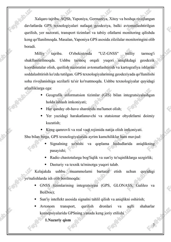 ng yanada keng joriy etilishi 1.nazariy qism 1.1 gps qanday ishlaydi? yerdagi ulkan antennalar sunʼiy yoʻldoshlarga ularning joylashuvi, qoʻshni sunʼiy yoʻldoshlar, harakat parametrlari va tizimning ishlashi uchun zarur boʻlgan boshqa maʼlumotlar haqidagi yangilangan axborotlarni uzatadi. bir paytlar qayerda ekaningizni tushuntirish uchun manzilni aniq bilishingiz va uni aniq tushuntirib bera olishingiz kerak edi. biroq texnologiyalar rivojlanib borayotgan hozirgi davrda turli yetkazib berish, kurerlik xizmatlari yoki biror tanishingizga qayerda turganingizni tushuntirishingiz shart emas. hatto umringizda birinchi marta kelgan shahringizda ham gps tizimi yordamida lokatsiyangiz haqida xabar bera olasiz. koʻcha nomlari yoki manzillari noaniq, xaritada koʻrsatilmagan, odam yashamaydigan togʻ, choʻl yoki qishloqda turib ham turgan joyingizni aniqlash va boshqalarga xabar berish oson boʻlib qoldi. bu nafaqat maishiy muammolarni hal qilish, balki favqulodda yordam kerak boʻlgan sharoitlarda tez tibbiy yordam qutqaruv xizmati, oʻt oʻchirish yoki politsiyaga murojaat etishni va ularga esa manzilni tez aniqlab, yordamga kelishni ham osonlashtirib qoʻygan. gps nima degani? gps – …