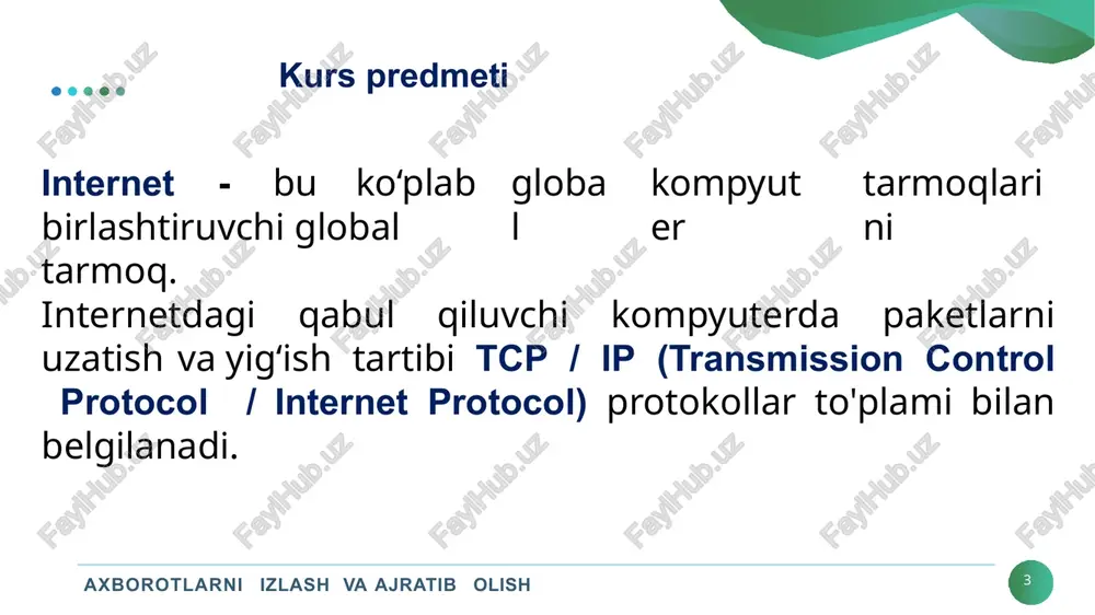 langan indekslashdir. indekslash mashhur veb-saytlarni ko'rib chiqadigan va xulosa hujjatlarining qisqacha tavsifini (kalit so‘zlar, abstrakt, referat) tuzadigan mutaxassislar yordamida qo‘lda amalga oshiriladi. ixtisoslashgan kataloglar axborotlarni izlash va ajratib olish 18 ixtisoslashgan kataloglar yoki ma’lumotnomalar ma’lum sohalar va mavzular, yangiliklar, shaharlar, elektron pochta manzillari qidiruv va boshqalar tizimlari to‘liq matnli bo‘yicha qidiruv yaratiladi. texnologiyasini qo‘llaydi. indeks bir necha milliard hujjatlar haqida ma‘lumotni o‘z ichiga olishi mumkin. masalan, mashhur google axborot- qidiruv tizimining indeksi 2 milliarddan ortiq url manzillarini o‘z ichiga oladi. meta-qidiruv axborotlarni izlash va ajratib olish 19 meta-qidiruv vositalaridan foydalanganda so'rov bir vaqtning o‘zida bir nechta qidiruv tizimlari tomonidan amalga oshiriladi. qidiruv natijasi tegishlilik bo‘yicha tartiblangan umumiy ro‘yxatga birlashtiriladi. qidiruv tizimining umumiy tuzulishi internet sahifa crawler indeksator kesh normallashgan hujjatlar so’rov so’rovlarni qayta ishlash qidiruv mashinasi saralash (ranging) natija 23 crawler axborotlarni izlash va ajratib olish 21 sahifada boshqa sahifalar uchun crawler ("qurt" yoki "sayohat qiluvchi o‘rgimchak") - veb- barcha …