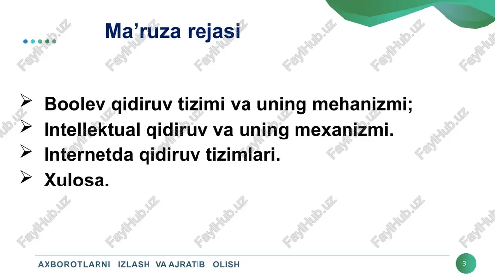 = 500 000 ga yaqin turli atamalarni o'z ichiga olishi mumkin. sodda tarzda “atama-hujjat” matritsasini yarata olmaymiz. 500k x 1m matritsada yarim trillion birlar va nollar mavjud - bu kompyuter xotirasiga sig‘ish uchun juda katta. mantiqiy (boolev) qidiruv axborotlarni izlash va ajratib olish 13 insidans (hosida) matritsasi juda siyrak, ya'ni, faqat oz sonli nolga teng bo‘lmagan elementlarni o'z ichiga oladi. har bir hujjat 1000 ta so'zdan iborat bo'lganligi sababli, matritsada ko'pi bilan bir milliard so'z bo'ladi, shuning uchun hujayralarning kamida 99,8 foizi noldan iborat bo'ladi. xotirada faqat birliklarni saqlash ancha samarali. bu g'oya axborotni izlashda birinchi muhim kontseptsiya - teskari indeks uchun asosdir. mantiqiy (boolev) qidiruv axborotlarni izlash va ajratib olish 14 teskari indeksni yaratish jarayoni quyidagi bosqichlardan iborat: biz indeksatsiya qilinadigan hujjatlarni yig'amiz. ya'ni, biz to’plamni (kollektsiya) shakllantiramiz. matnni belgilaymiz, har bir hujjatni tokenlar ro'yxatiga aylantiramiz. dastlabki lingvistik ishlovni amalga oshiramiz, indekslangan atamalar bo'lgan normalashgan leksemalar ro‘yxatini tuzamiz. atama …