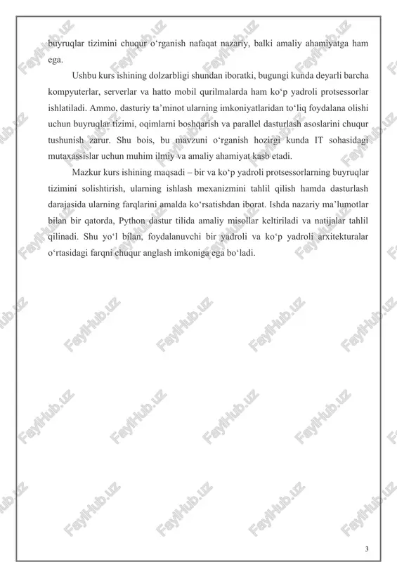 g farqlarini amalda ko‘rsatishdan iborat. ishda nazariy ma’lumotlar bilan bir qatorda, python dastur tilida amaliy misollar keltiriladi va natijalar tahlil qilinadi. shu yo‘l bilan, foydalanuvchi bir yadroli va ko‘p yadroli arxitekturalar o‘rtasidagi farqni chuqur anglash imkoniga ega bo‘ladi. 1. nazariy qism 1.1. protsessor tushunchasi va uning asosiy funksiyalari protsessor — bu kompyuter tizimining markaziy boshqaruv bloki bo‘lib, barcha hisoblash jarayonlarini amalga oshiradi. u kompyuterning “miyasi” sifatida barcha amallarni nazorat qiladi, buyruqlarni bajaradi va natijalarni xotiraga uzatadi. “protsessor” so‘zi ingliz tilidagi “processor” atamasidan olingan bo‘lib, u “ishlov beruvchi”, “qayta ishlovchi” ma’nosini anglatadi. har qanday dasturiy ta’minot yoki operatsion tizim bajariladigan vazifalarni aynan protsessor orqali amalga oshiradi. protsessorning asosiy vazifasi — bu buyruqlarni qabul qilish, ularni tahlil qilish va bajarishdir. u quyidagi asosiy bosqichlarda ishlaydi: buyruqni olish (fetch), buyruqni tahlil qilish (decode) va buyruqni bajarish (execute). shu uch bosqichdan iborat sikl “protsessor sikli” deb ataladi. har bir dastur bu buyruqlar ketma-ketligidan iborat …