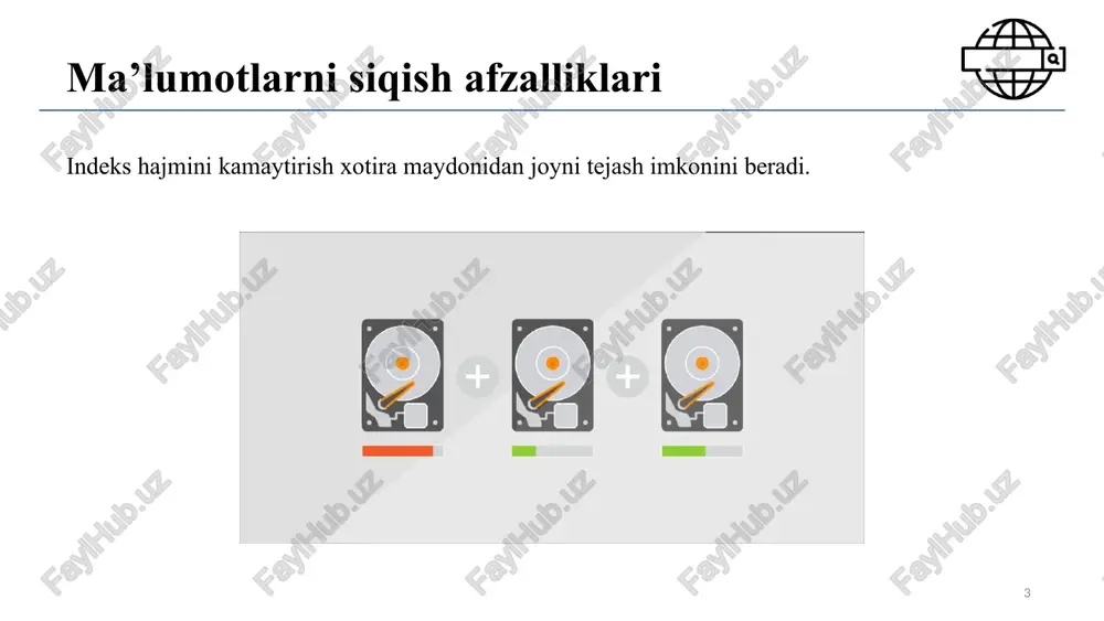 0,49 ≈ 38 323). aslida, atamalar soni 38 365 tani tashkil etadi, bu bashorat qilingan qiymatga juda yaqin. 11 heaps qonuni (heaps' law) k parametri juda keng diapazonda o'zgarib turadi, chunki leksikaning o'sishi ko'p jihatdan to'plamning tabiatiga va uni qayta ishlashga bog'liq. harflarni birxillashtirish va stemming amali leksikaning o'sish sur'atini pasaytiradi, shu bilan birga sonlar va noto'g'ri imlolar uni oshiradi. muayyan to'plam uchun parametr qiymatlaridan qat'i nazar, heaps qonunida aytilishicha: 1) to'plamdagi hujjatlar soni ortib borishi bilan leksikaning hajmi maksimal darajaga yetguncha o'sishda davom etadi va 2) katta to'plamlar uchun leksikaning hajmi yetarlicha katta bo’ladi. shunday qilib, lug'atni siqish axborot qidirish tizimlarining sifati darajasini oshirishda muhim rol o'ynaydi. 12 zipf qonuni (zipf's law): atamalarning taqsimlanishini modellashtirish zipf qonuni – bu to‘plamdagi atamalarning taqsimlanishini modellashtirishda keng qo‘llaniladi. uning ta'kidlashicha, agar t1 – bu to'plamda eng keng tarqalgan atama bo'lsa, t2 – bu navbatdagi eng keng tarqalgan atama bo'lsa va h.o, u …