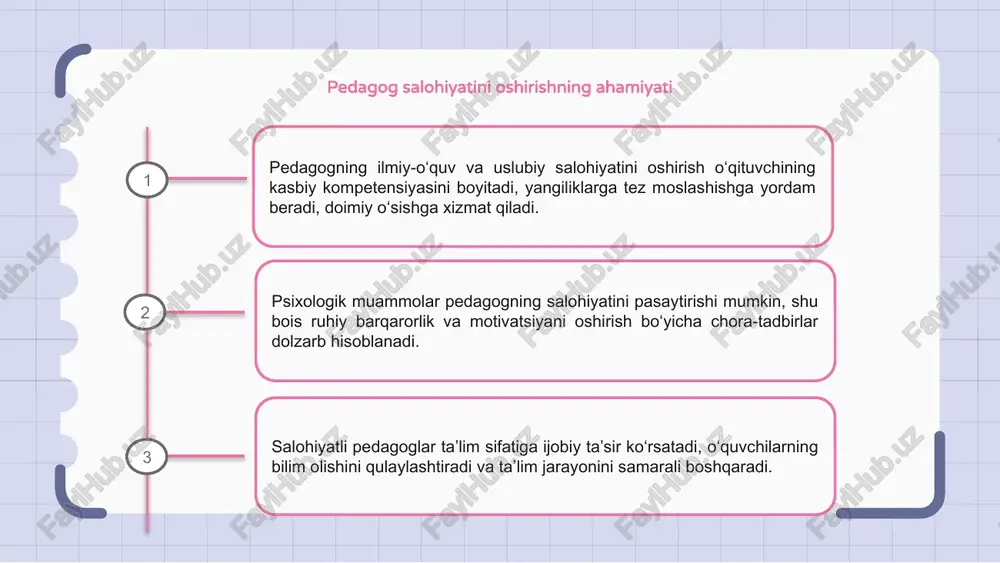 va ilmiy yondashuvni kuchaytiradi. psixologik qo‘llab-quvvatlash strategiyalari pedagogning ilmiy salohiyatini oshirishda psixologik muammolar ko‘p uchraydi. bu muammolarni bartaraf etishda izchil reja va motivatsiya zarur bo‘ladi. psixologik qo‘llab-quvvatlash strategiyalari pedagoglarga ishonch beradi. bu strategiyalar o‘zini anglash, stressni boshqarish ko‘nikmalarini rivojlantirishga yordam beradi. tahliliy fikrlash va hissiy barqarorlikni kuchaytirish orqali salohiyat oshadi. jamoaviy ishlash ham ruhiy qo‘llab-quvvatlashda muhim omil hisoblanadi. e’tiboringiz uchun rahmat